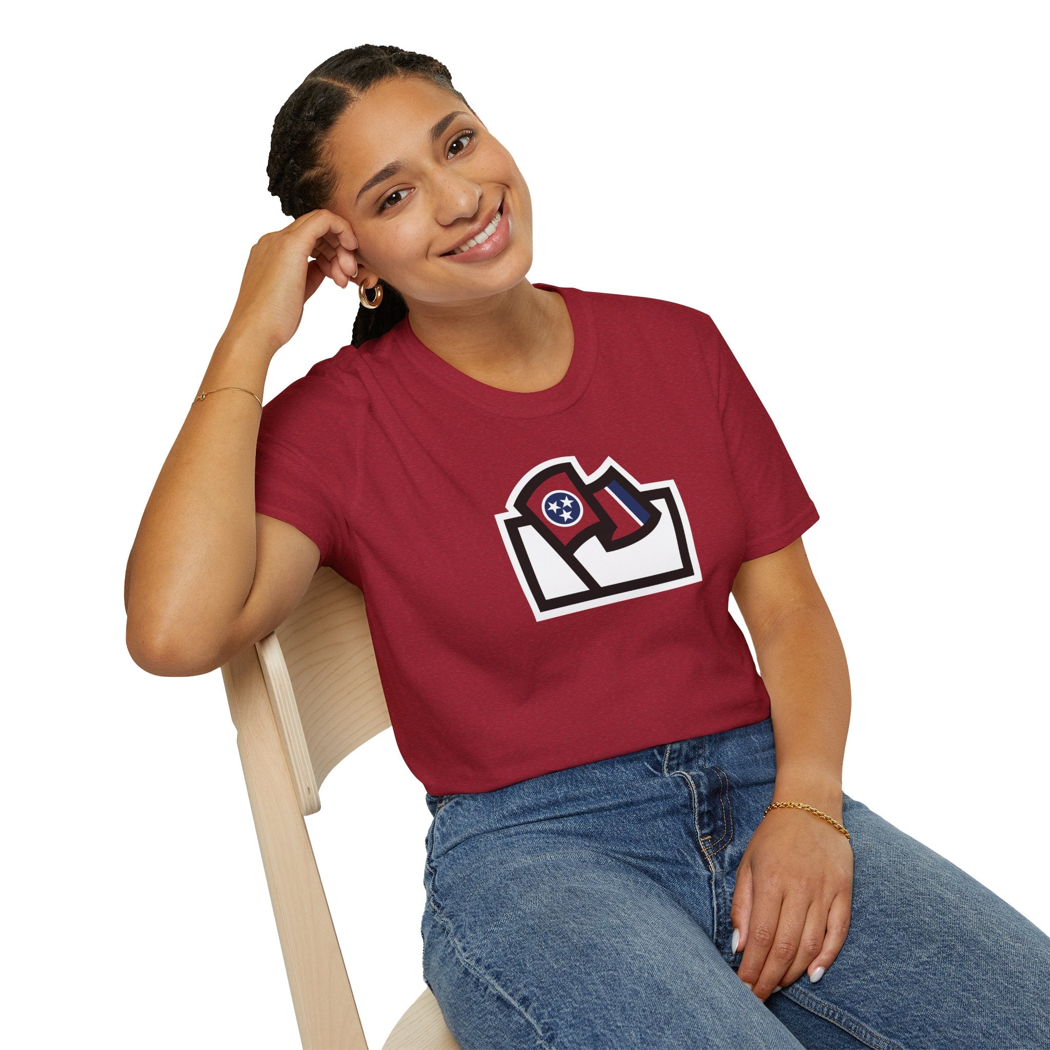 Flags For Good logo with a Tennessee flag inside on a red shirt being worn by a woman