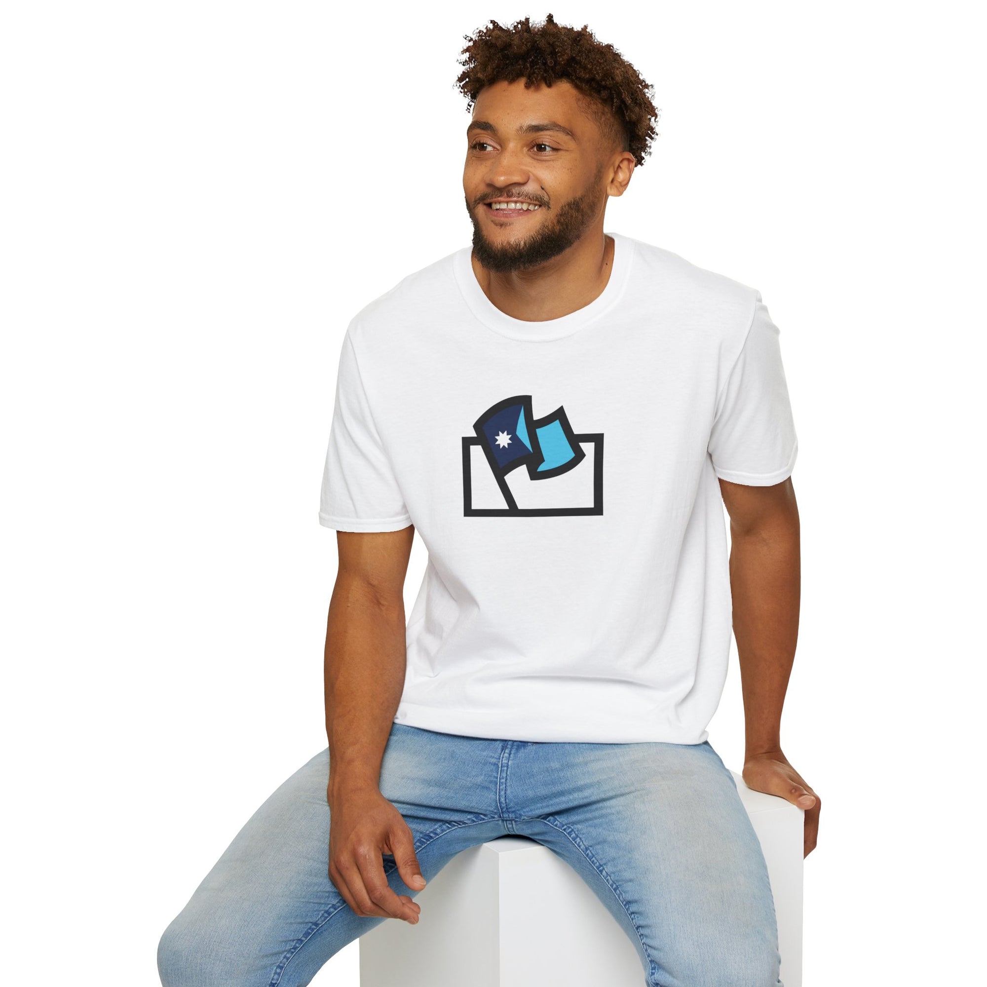 Flags For Good logo with Minnesota Flag inside on a white shirt being worn by a man