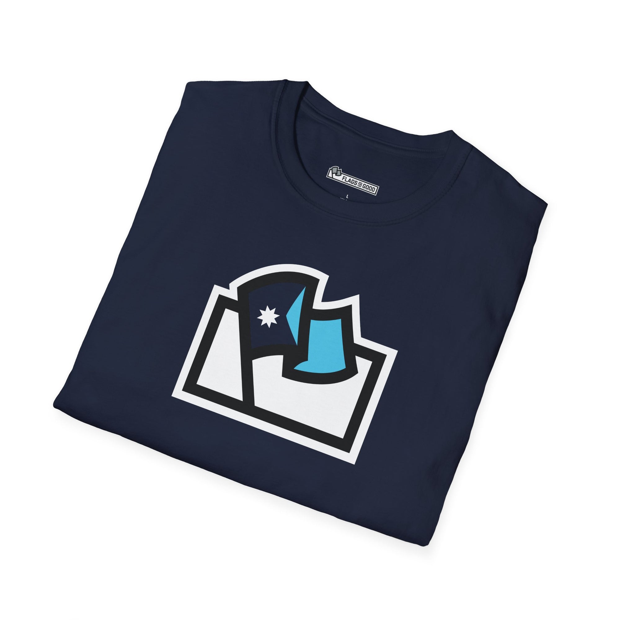 Flags For Good logo with a Minnesota flag inside on a dark blue shirt