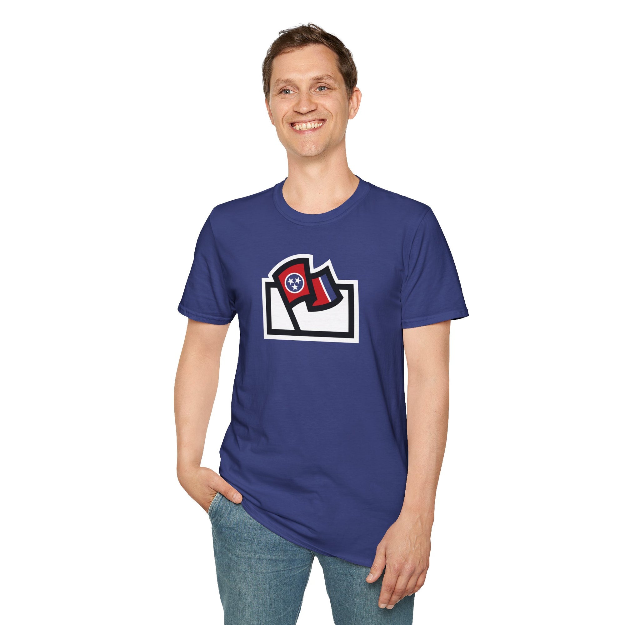 Flags For Good logo with a Tennessee flag inside on a blue shirt being worn by a man