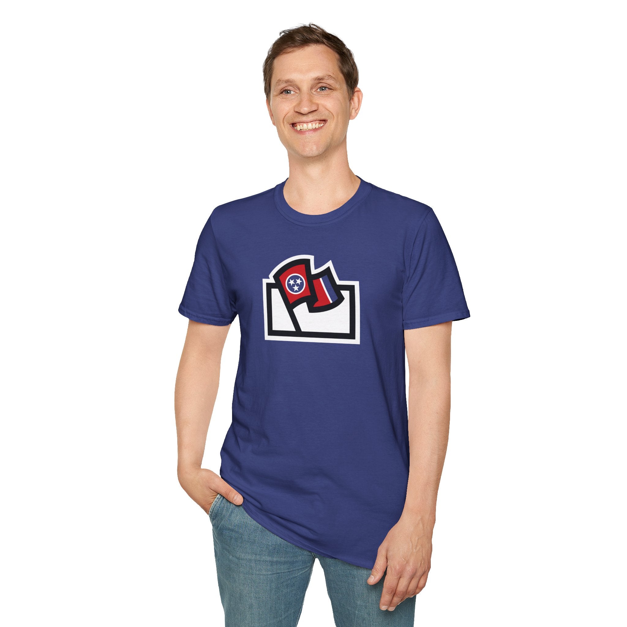 Flags For Good logo with a Tennessee flag inside on a blue shirt being worn by a man
