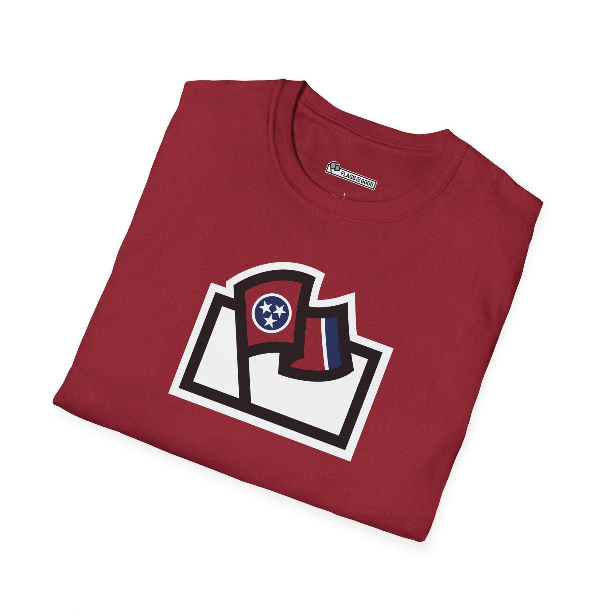 Flags For Good logo with a Tennessee flag inside on a red shirt