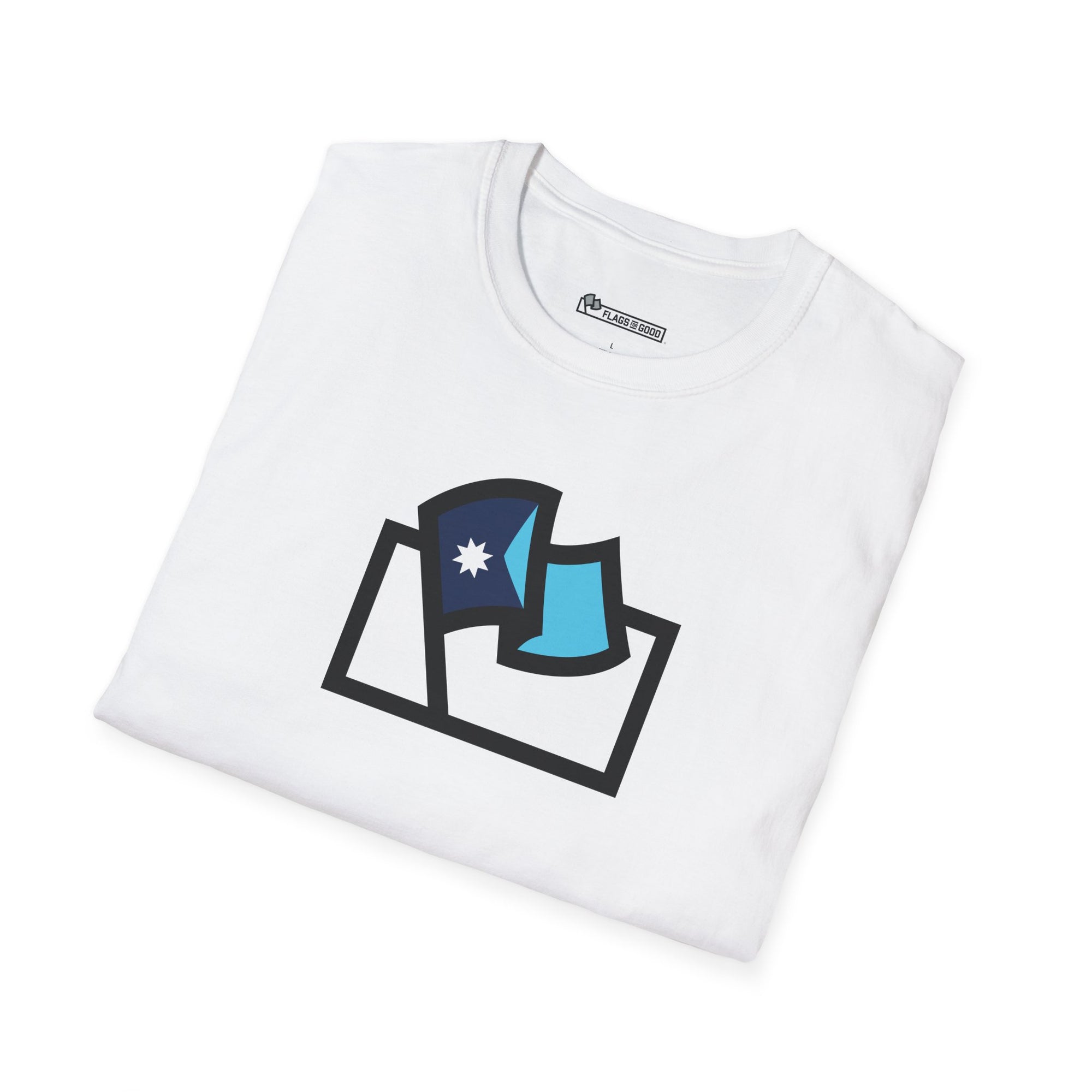 Flags For Good logo with a Minnesota flag inside on a white shirt