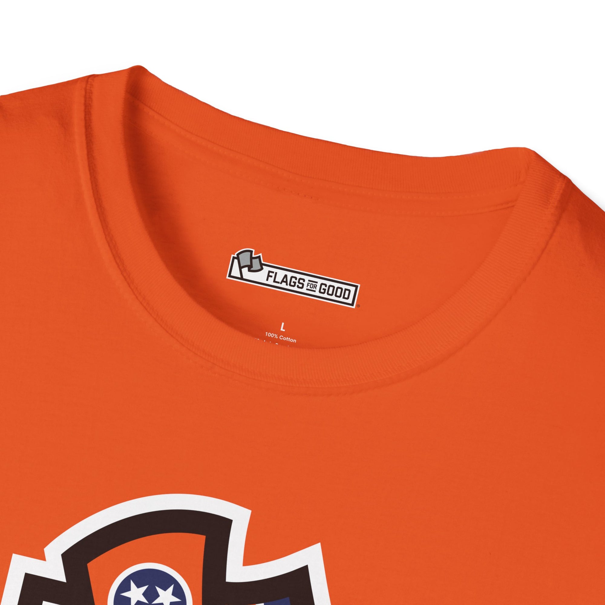 Flags For Good logo inside of an orange shirt
