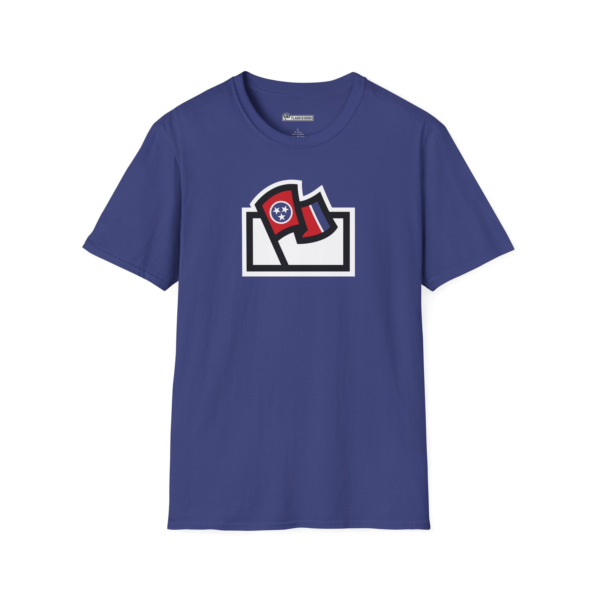 Flags For Good logo with a Tennessee flag inside on a blue shirt