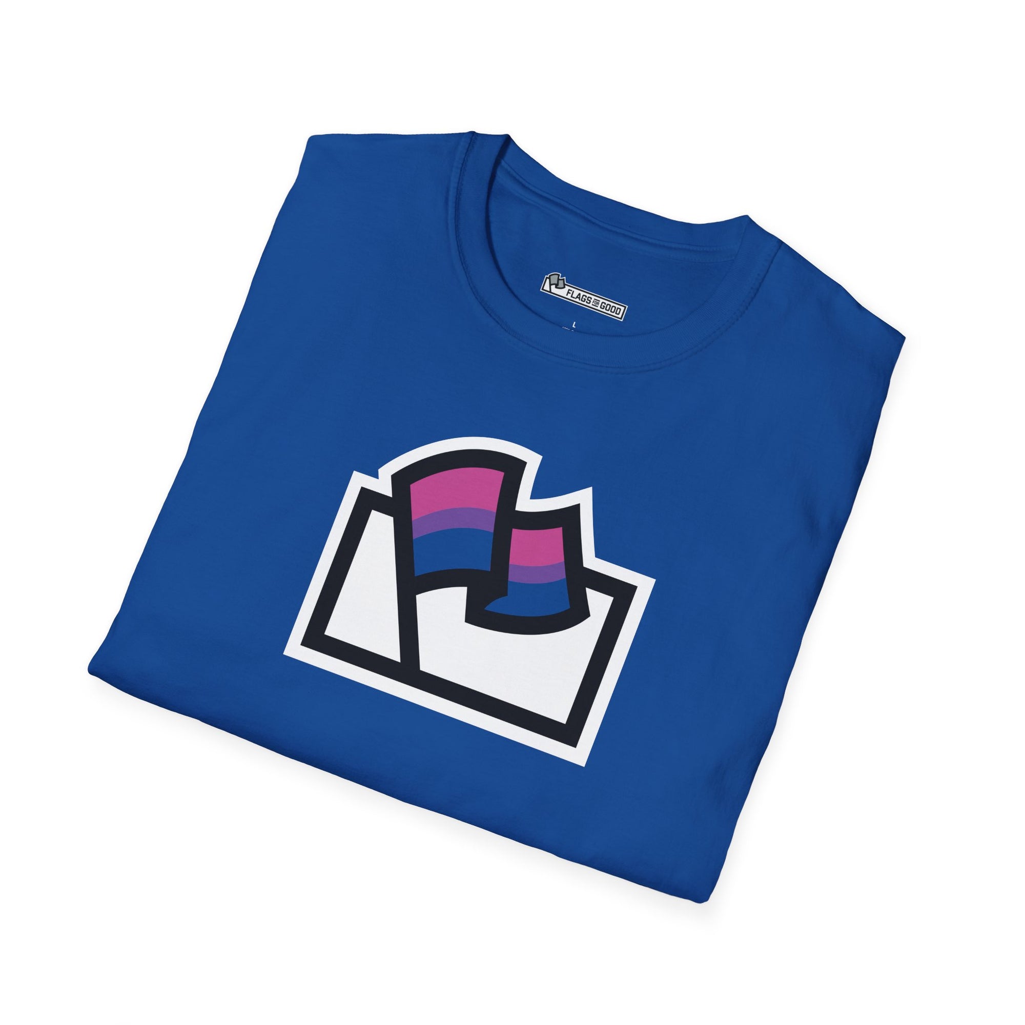 Flags For Good logo with the Bisexual Pride flag inside on a blue shirt