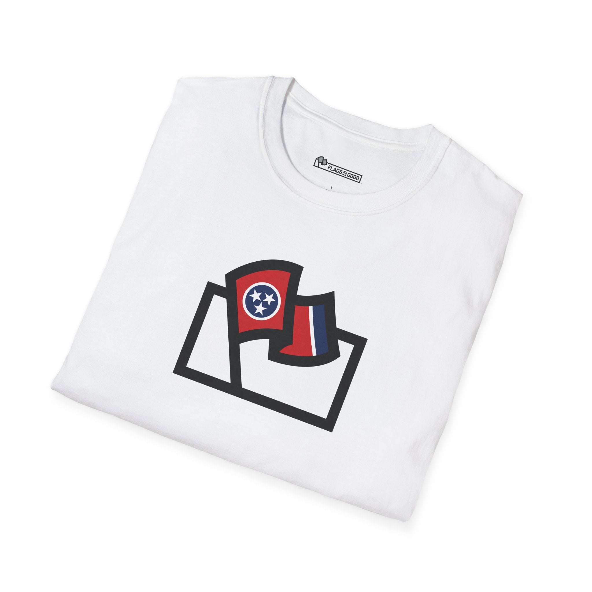 Flags For Good logo with a Tennessee flag inside on a white shirt