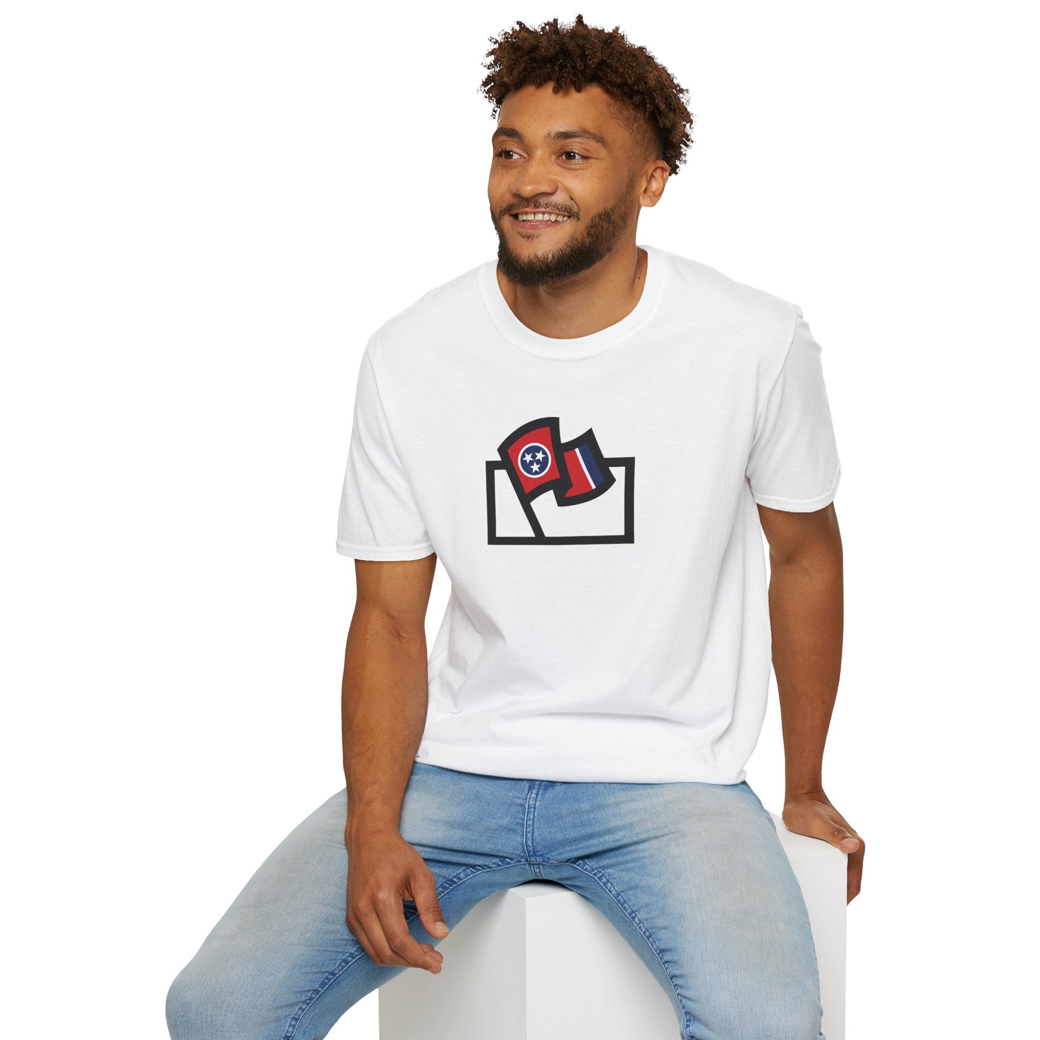 Flags For Good logo with a Tennessee flag inside on a white shirt being worn by a man