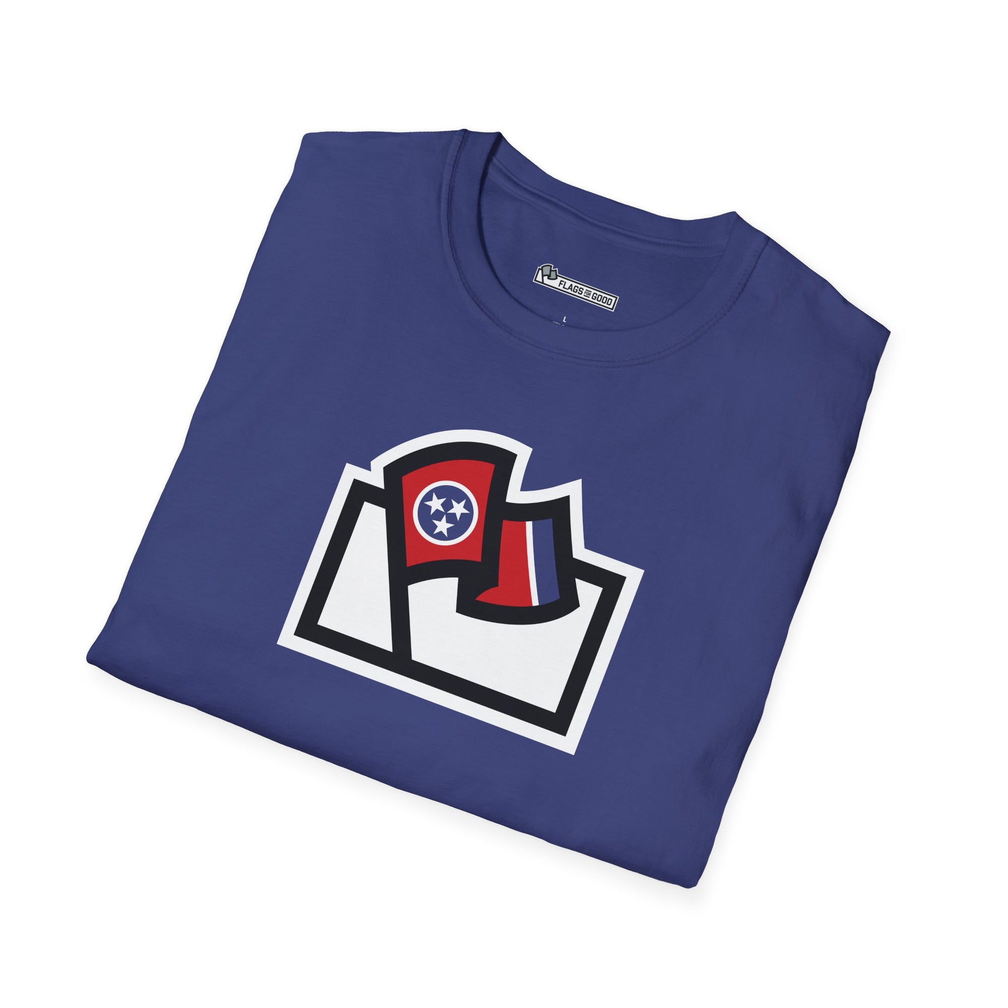 Flags For Good logo with a Tennessee flag inside on a blue shirt