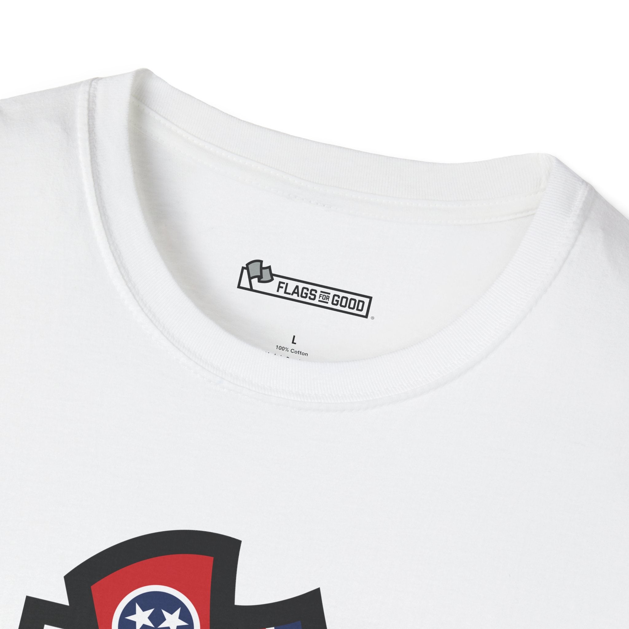 Flags For Good logo on the inside of a shirt