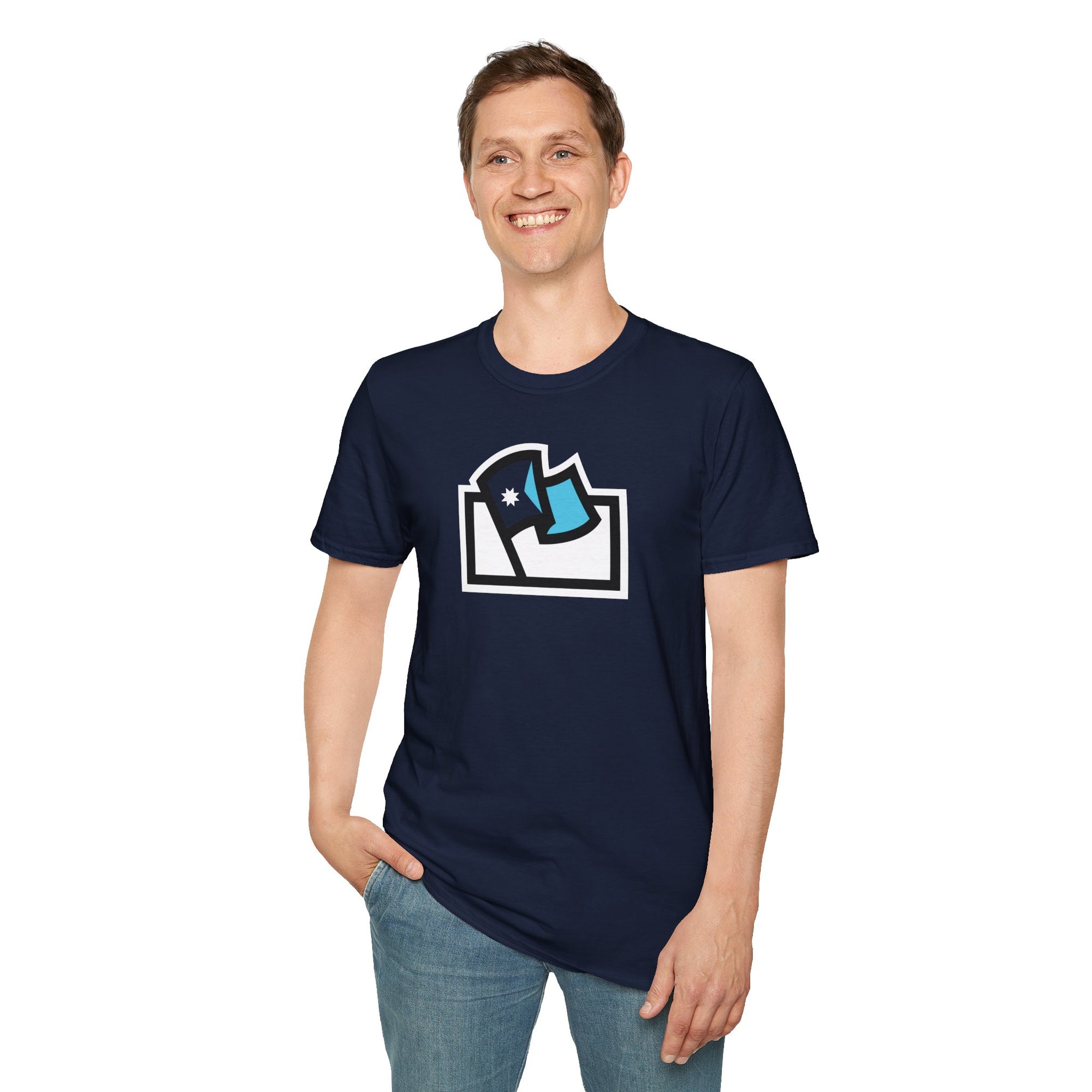 Flags For Good logo with a Minnesota flag inside on a dark blue shirt being worn by a man