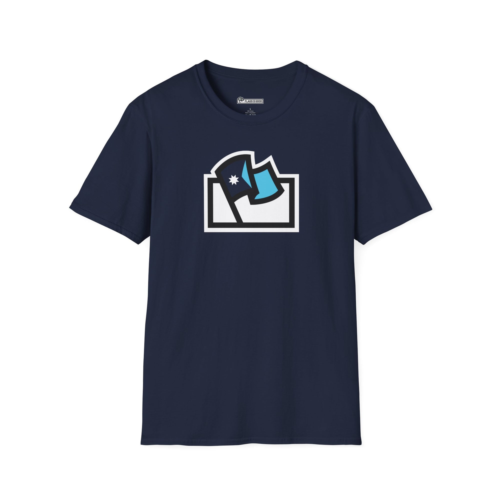 Flags For Good logo with a Minnesota flag inside on a dark blue shirt