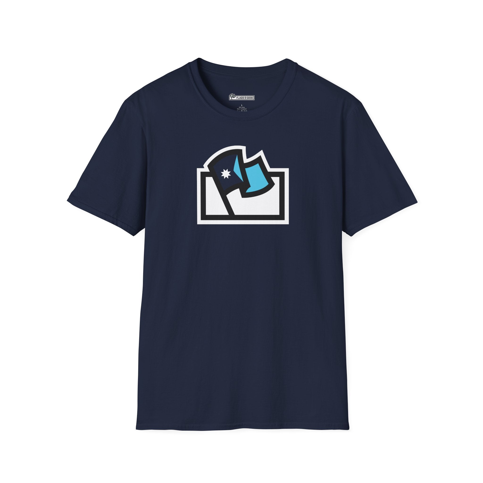 Flags For Good logo with a Minnesota flag inside on a dark blue shirt