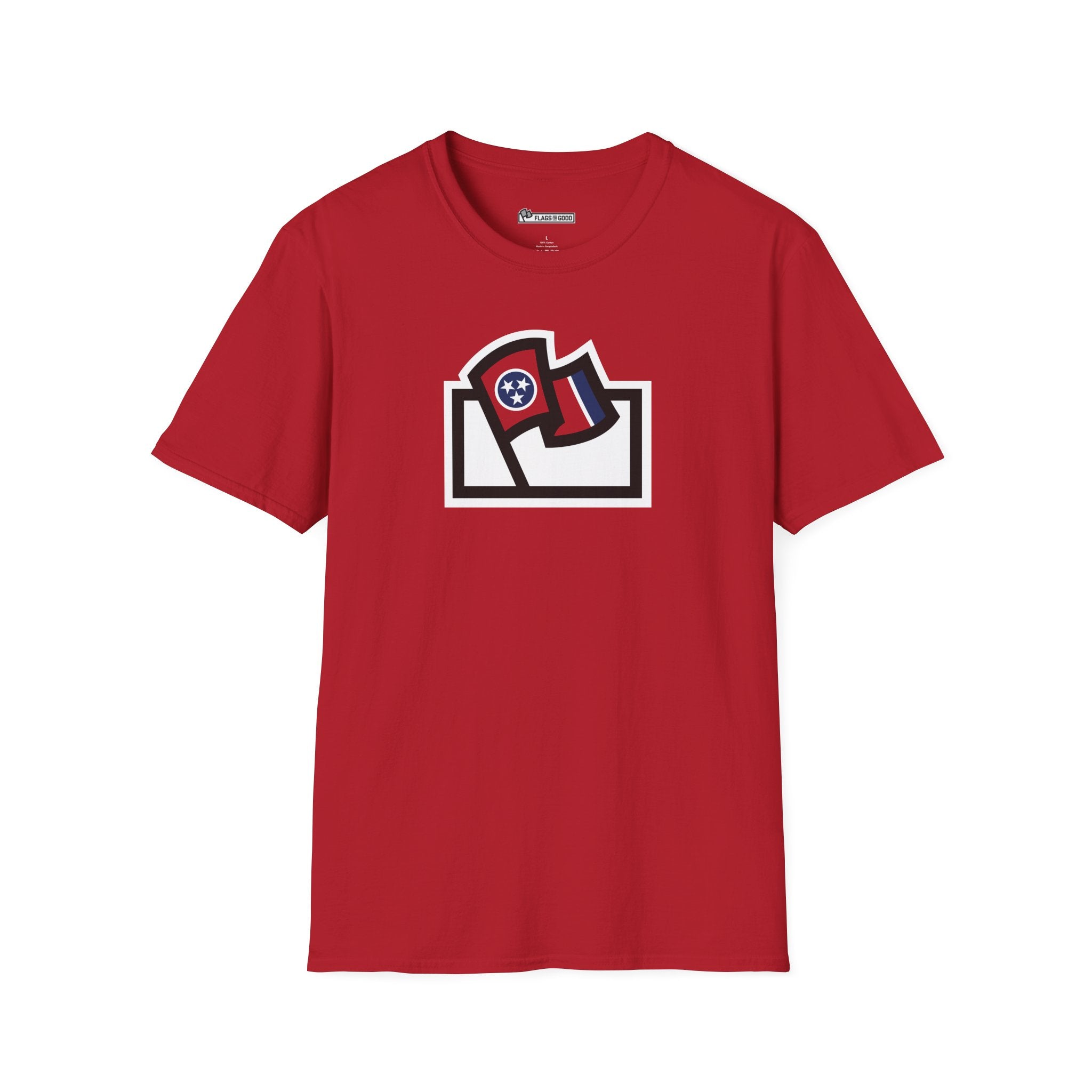 Flags For Good logo with a Tennessee flag inside on a red shirt