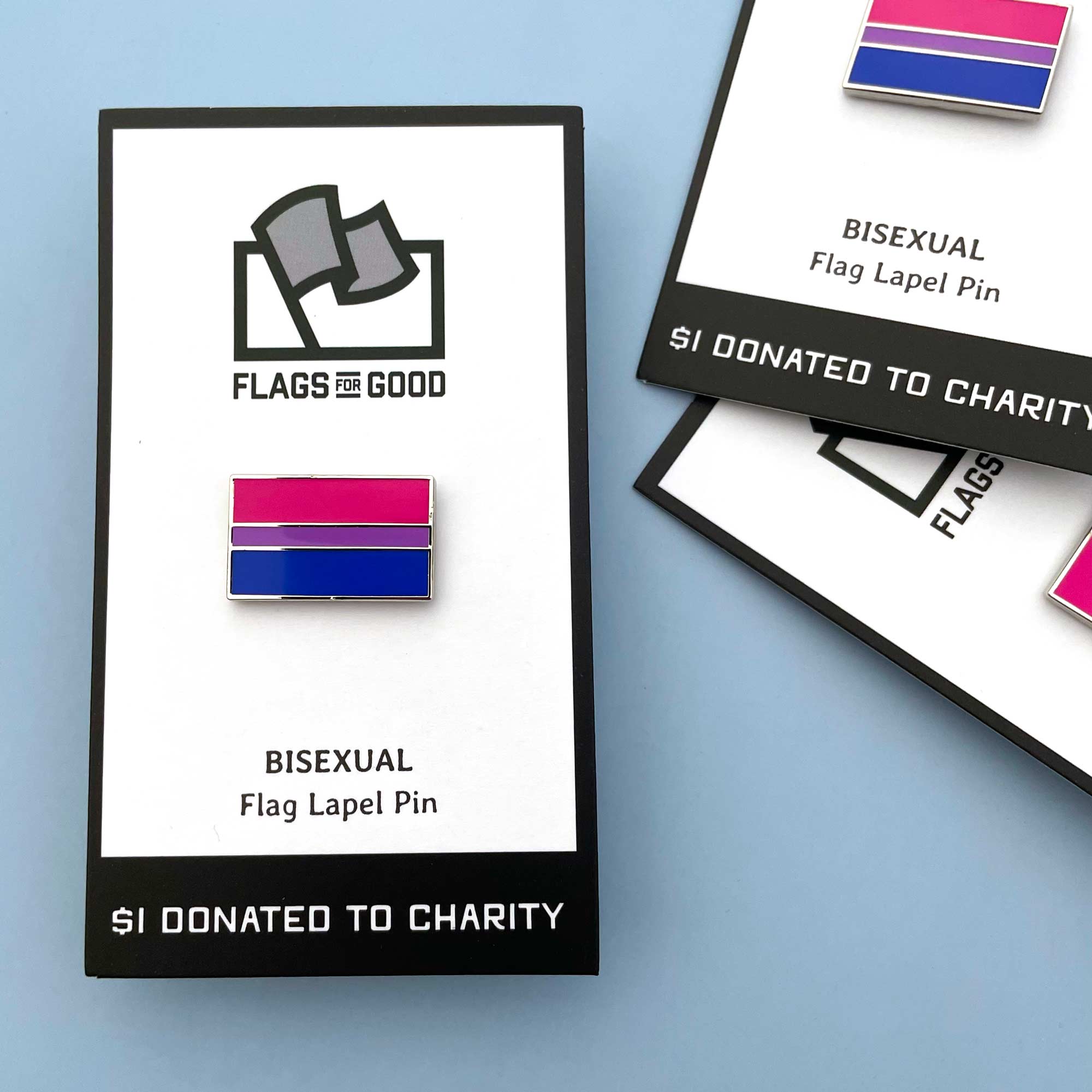 Bisexual flag lapel pin with 'Flags for Good' branding on a light blue background