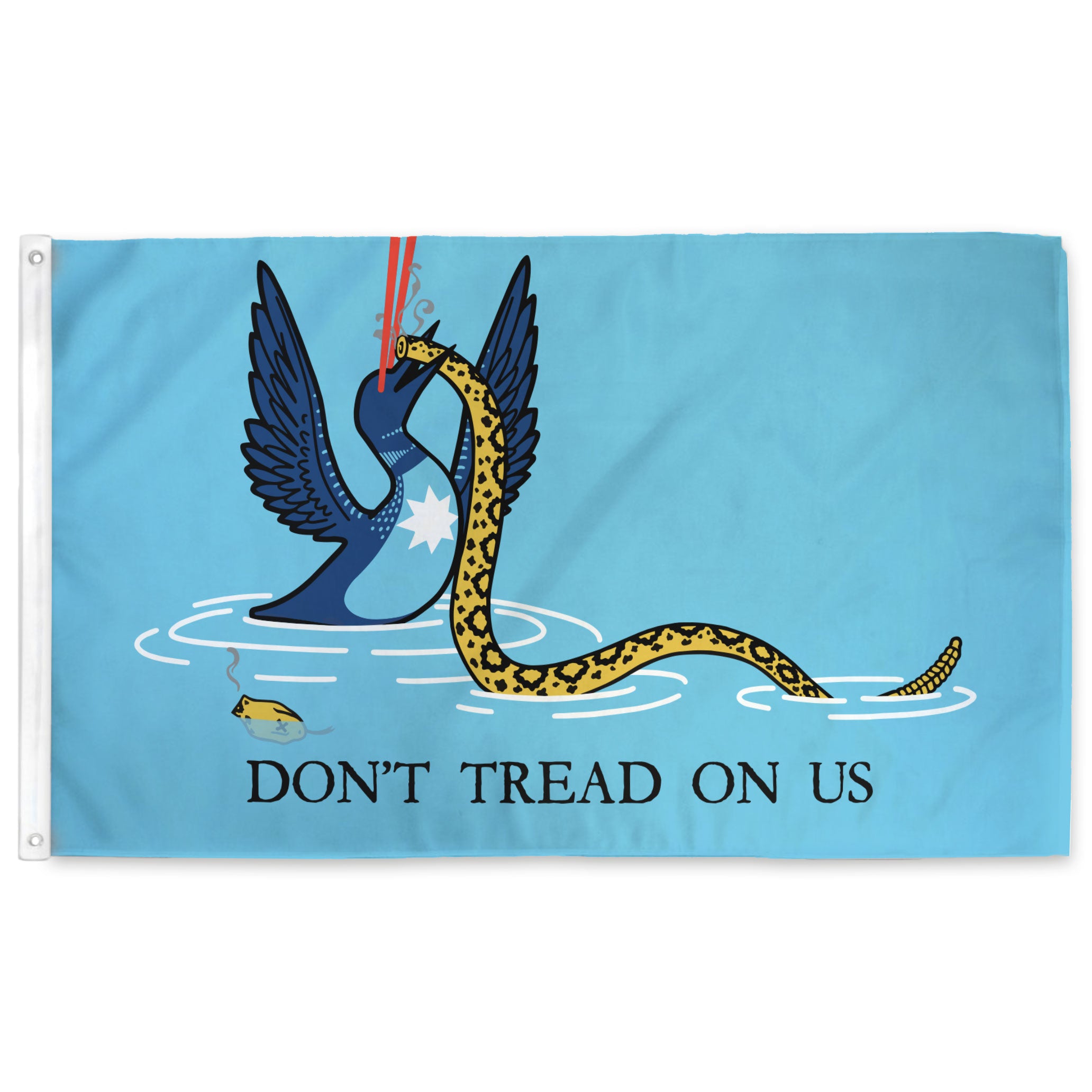 Flag with a loon shooting red lasers upwards from its eyes while eating a yellow snake and 'Don't Tread on Us' text on a light blue background
