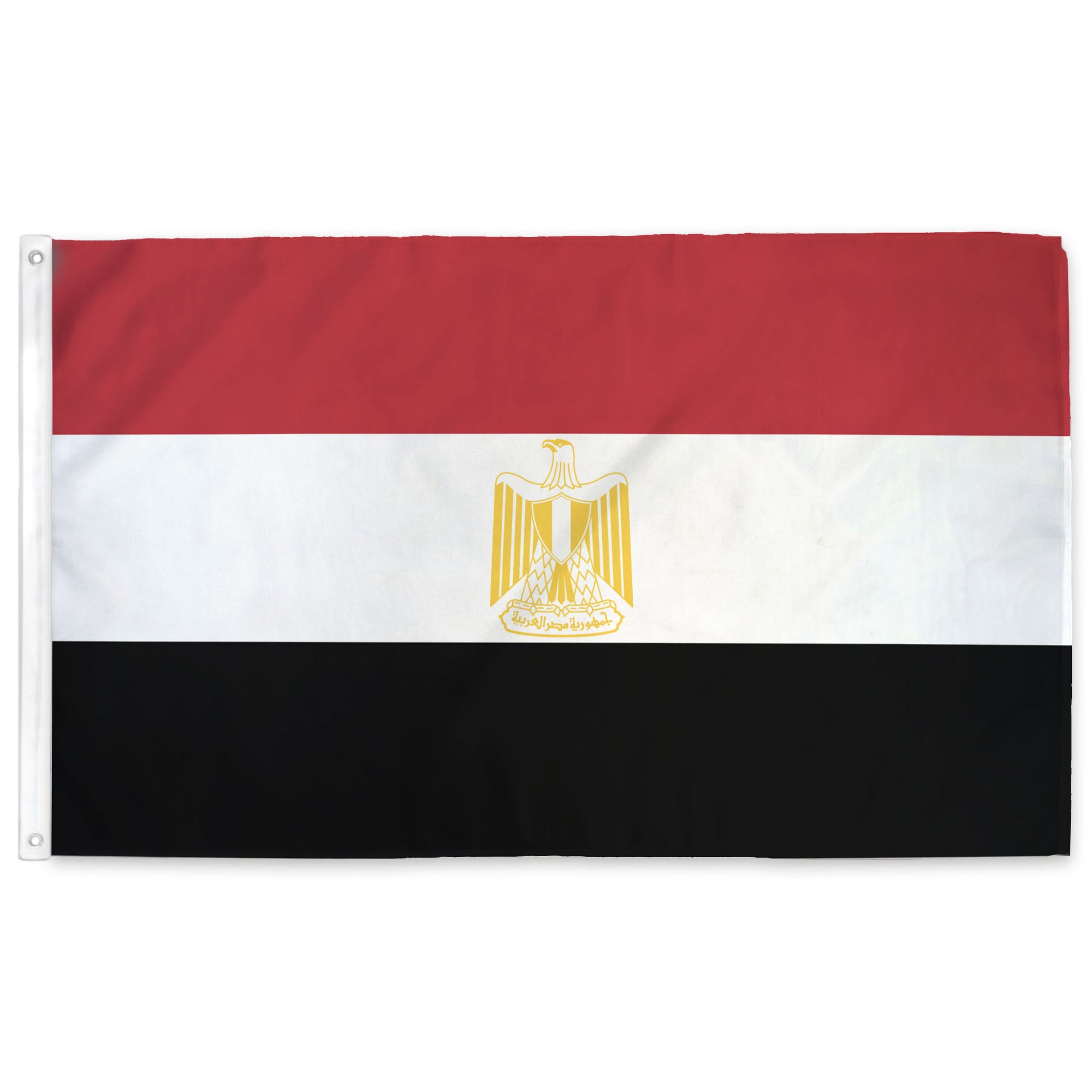 Flag of Egypt with a red, white, and black horizontal stripe pattern featuring a golden eagle in the center.