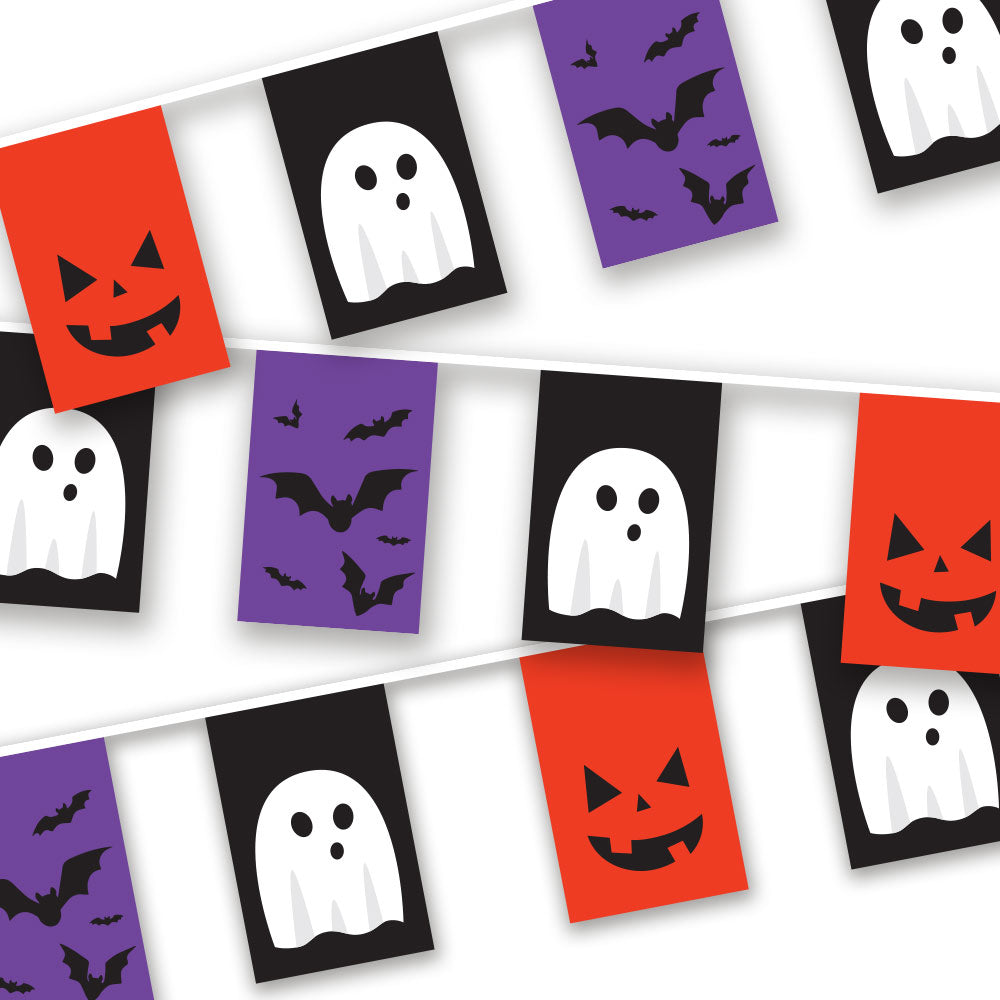 Halloween-themed bunting with orange jack-o'-lanterns, purple with black bats, and black with ghost patterns.