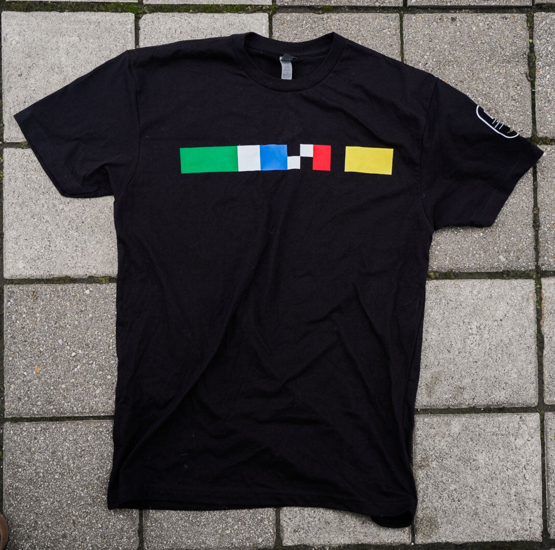 Black t-shirt with abstracted racing flag graphic
