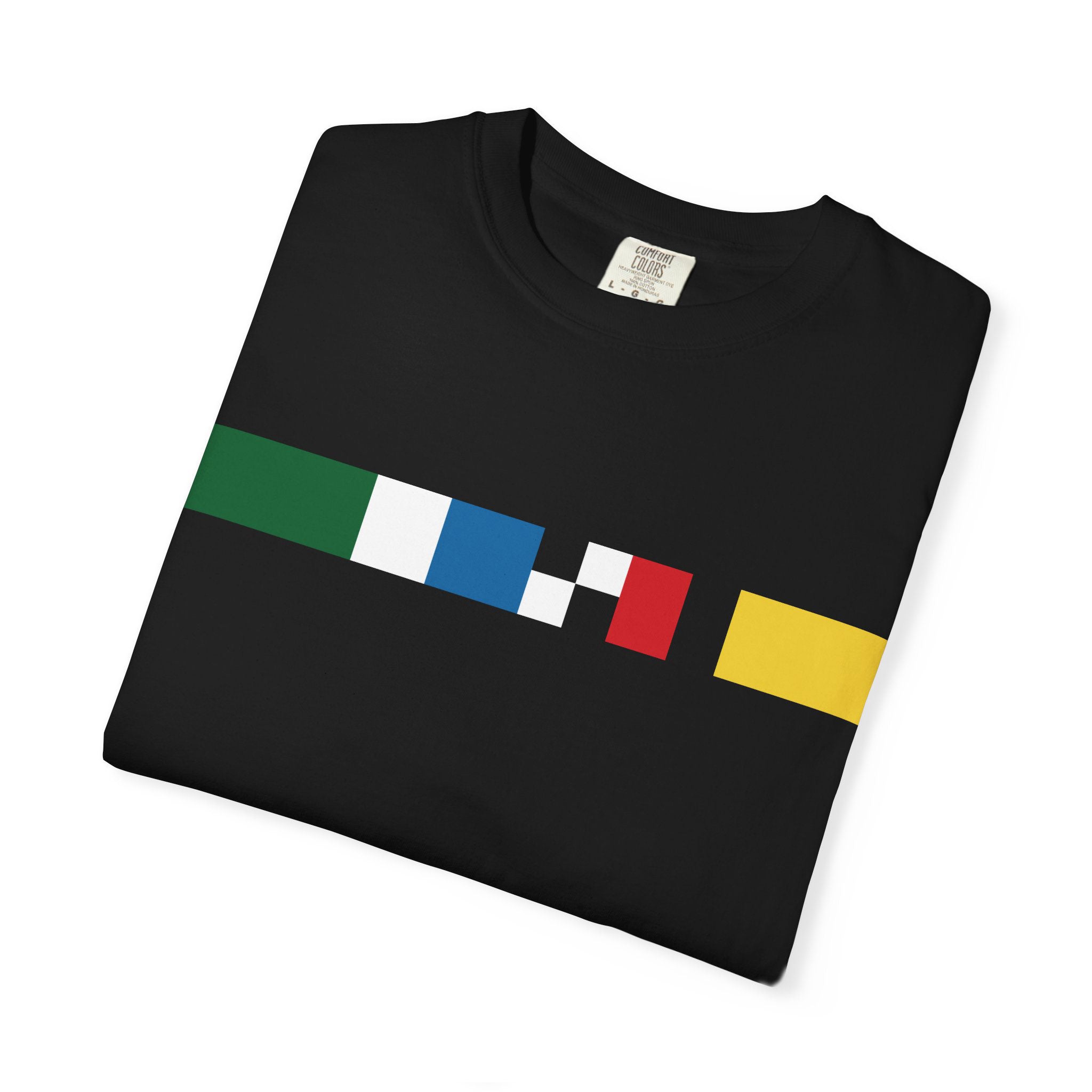 folded black t-shirt with an abstracted racing flag stripe graphic across chest on a white background