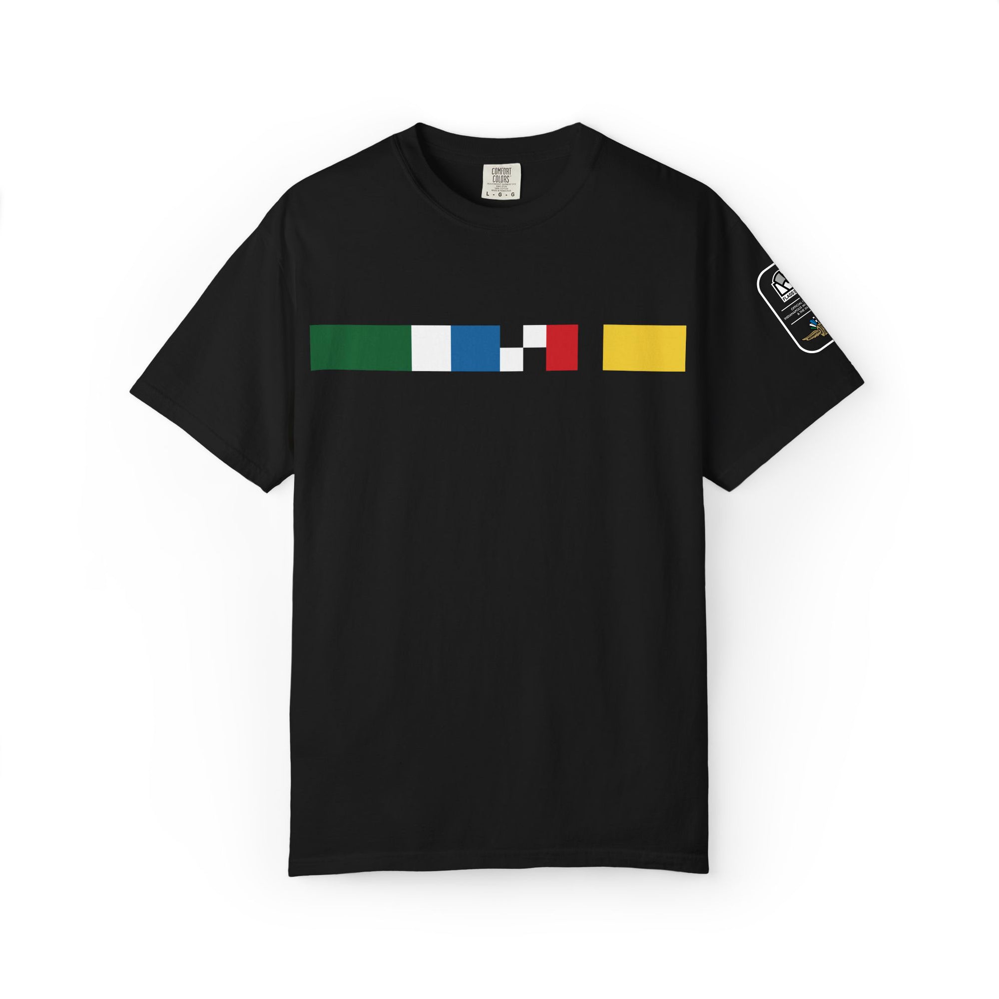 Black t-shirt with an abstracted racing flag stripe graphic across chest on a white background
