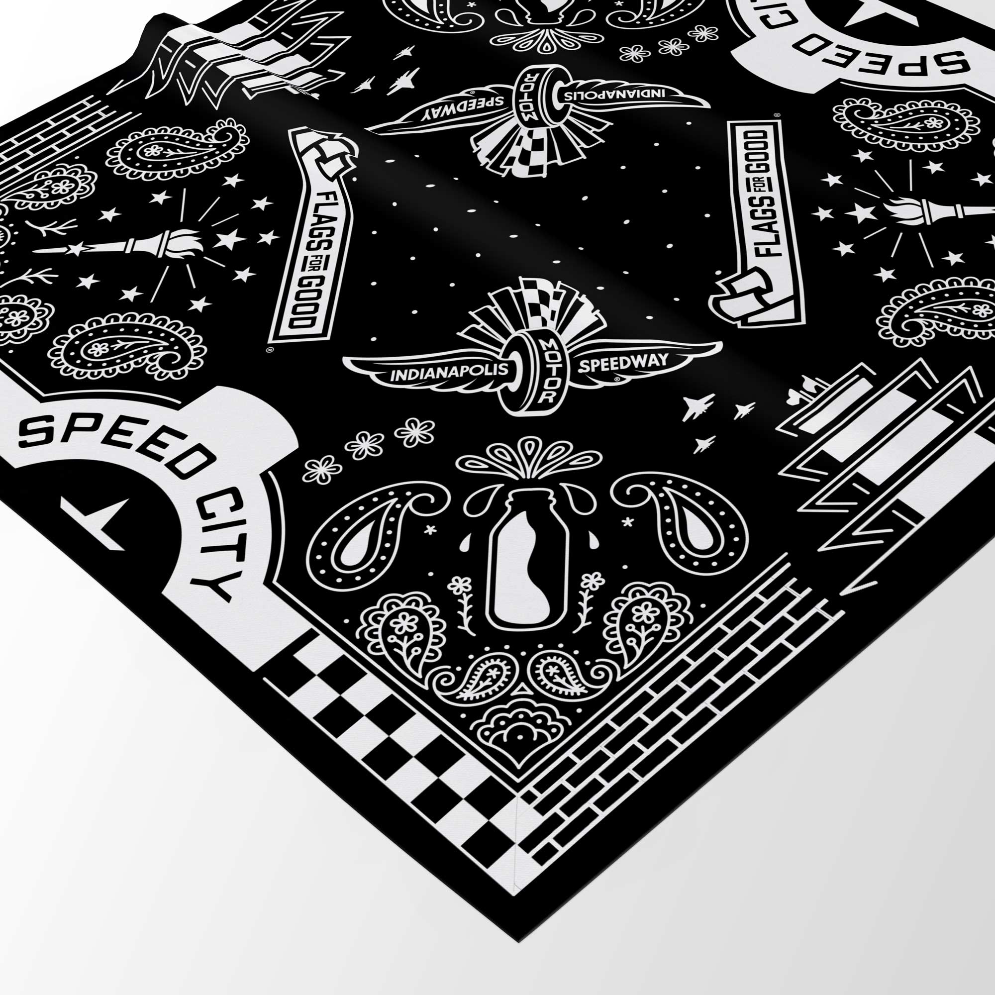 Black bandana printed with white graphics and text "Indianapolis Speedway," "Speed City", and "Flags for Good" on a white background