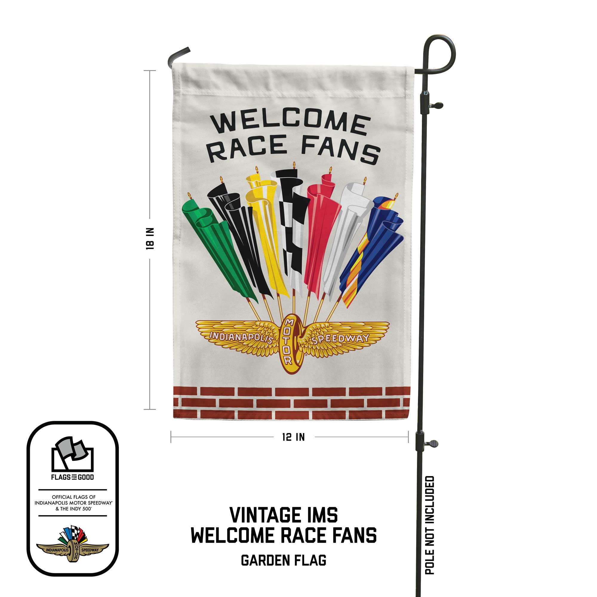 garden flag with vintage racing flags design on a garden pole featuring the dimensions 18 by 12 inches
