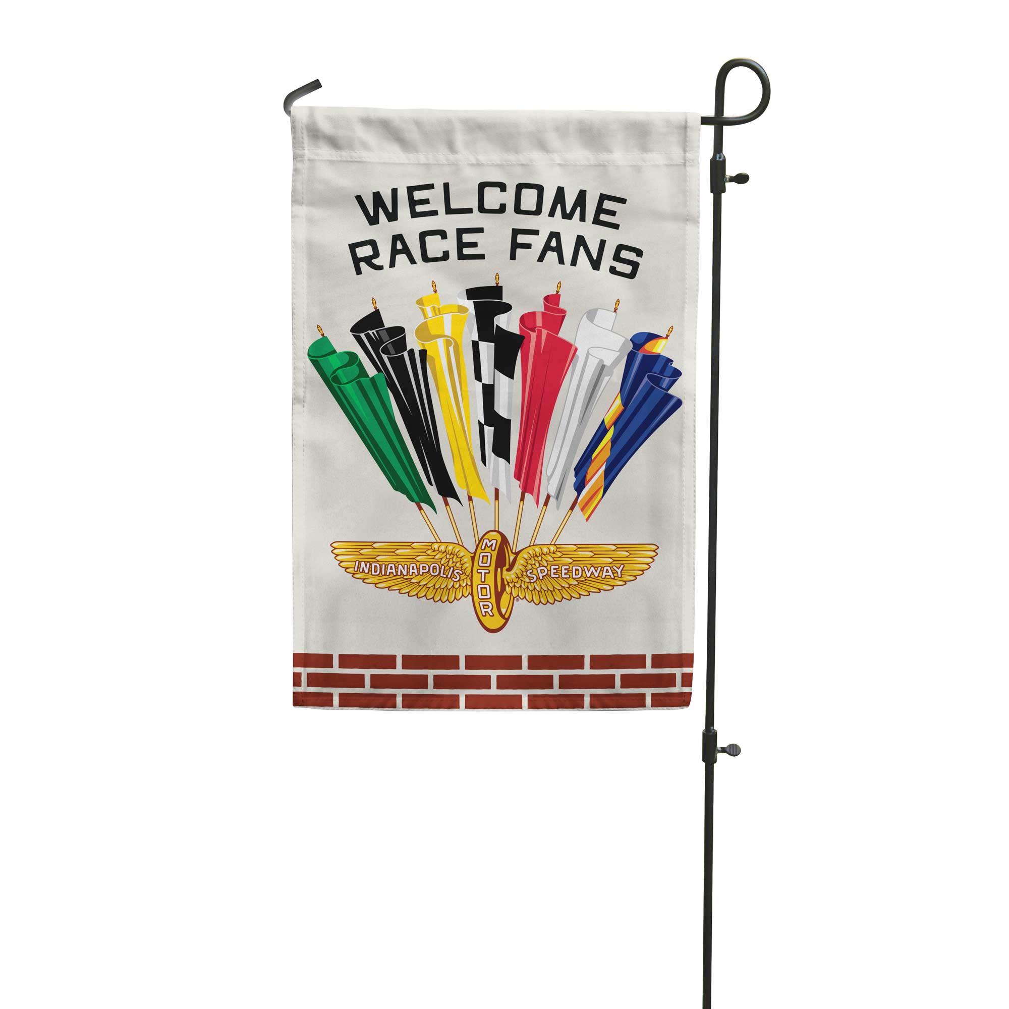 garden flag with vintage racing flags design on a garden pole