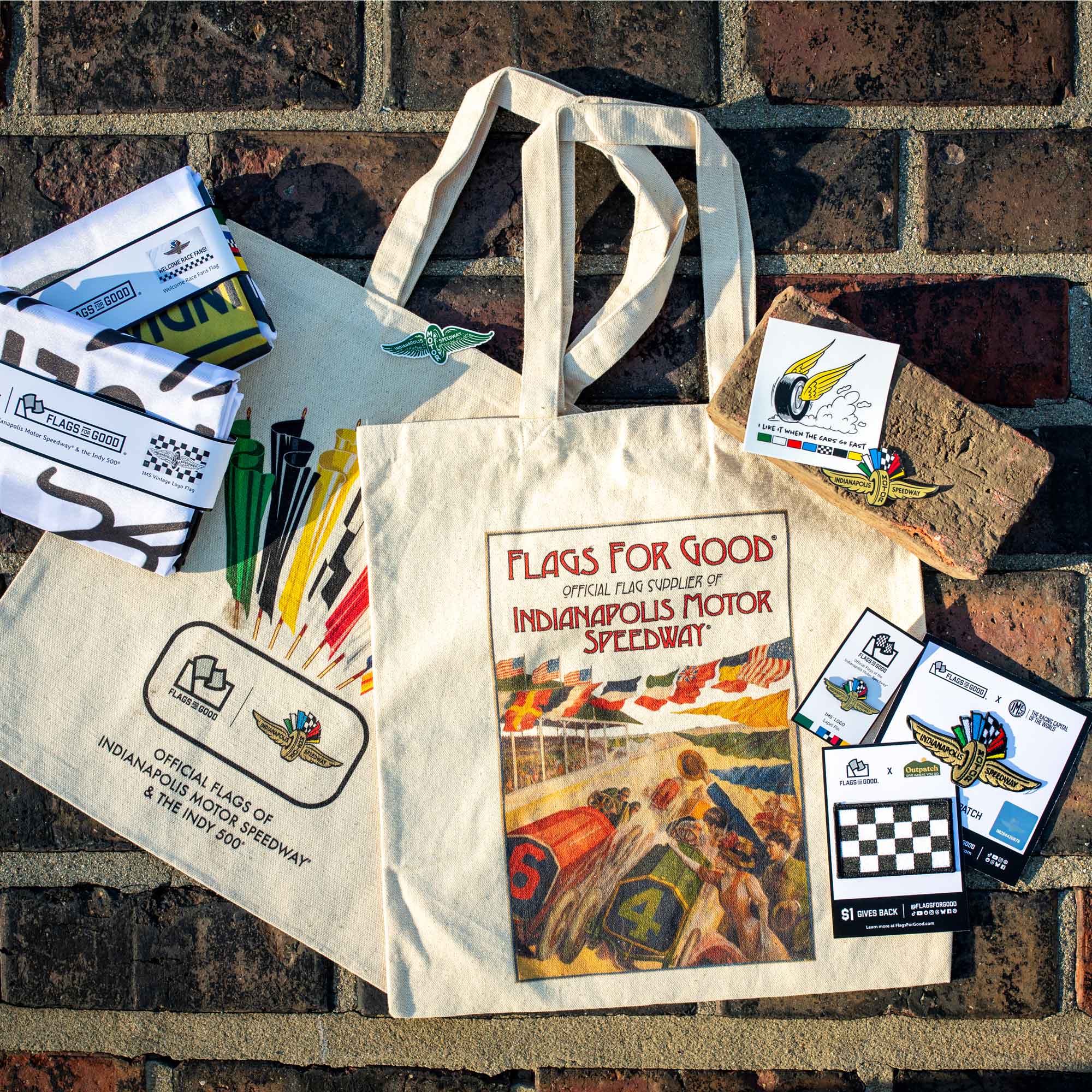 Assortment of products from the Flags For Good X Indianapolis Motor Speedway Collection.