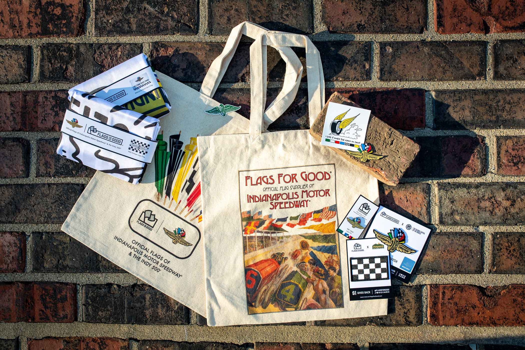Assortment of products from the Flags For Good X Indianapolis Motor Speedway Collection.