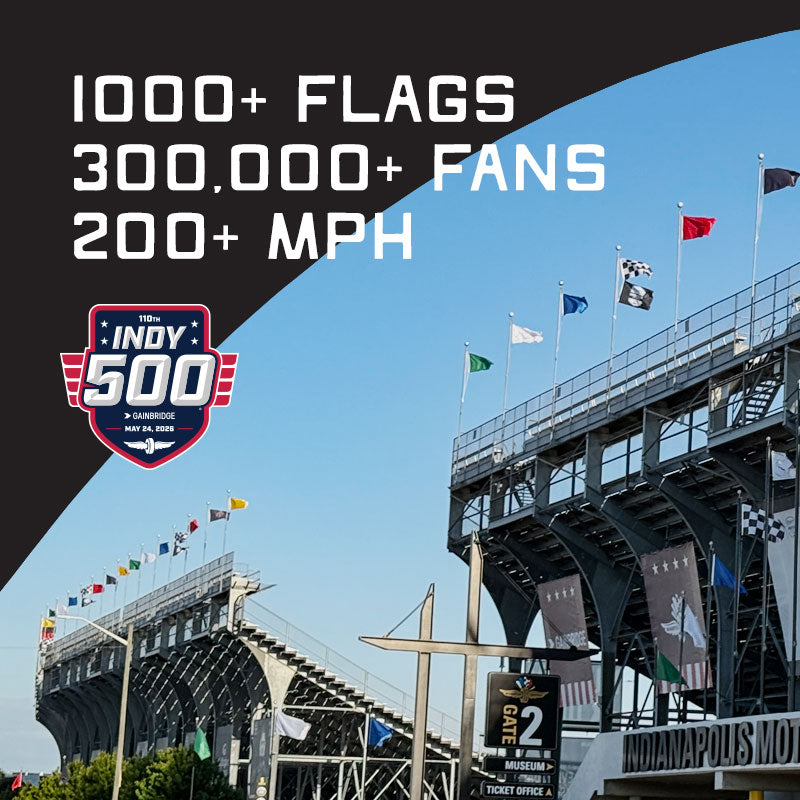 Indy 500 race track with flags and text about event details.