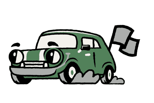 An animated green cartoon mini cooper with a flag coming out of the back with eyes. Flags For Good's mascot Mindy.