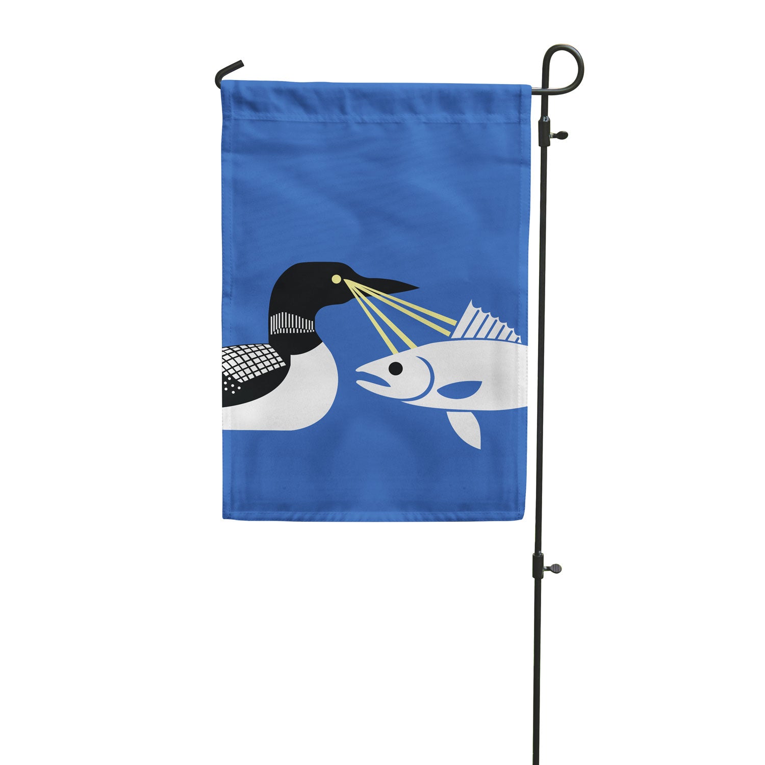 Garden flag of a loon shooting lasers at a fish