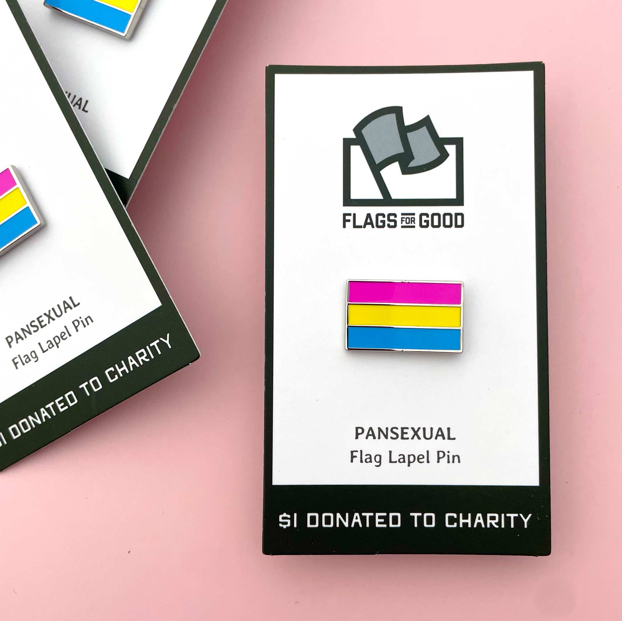 Pansexual flag lapel pin with 'Flags for Good' branding on a pink background