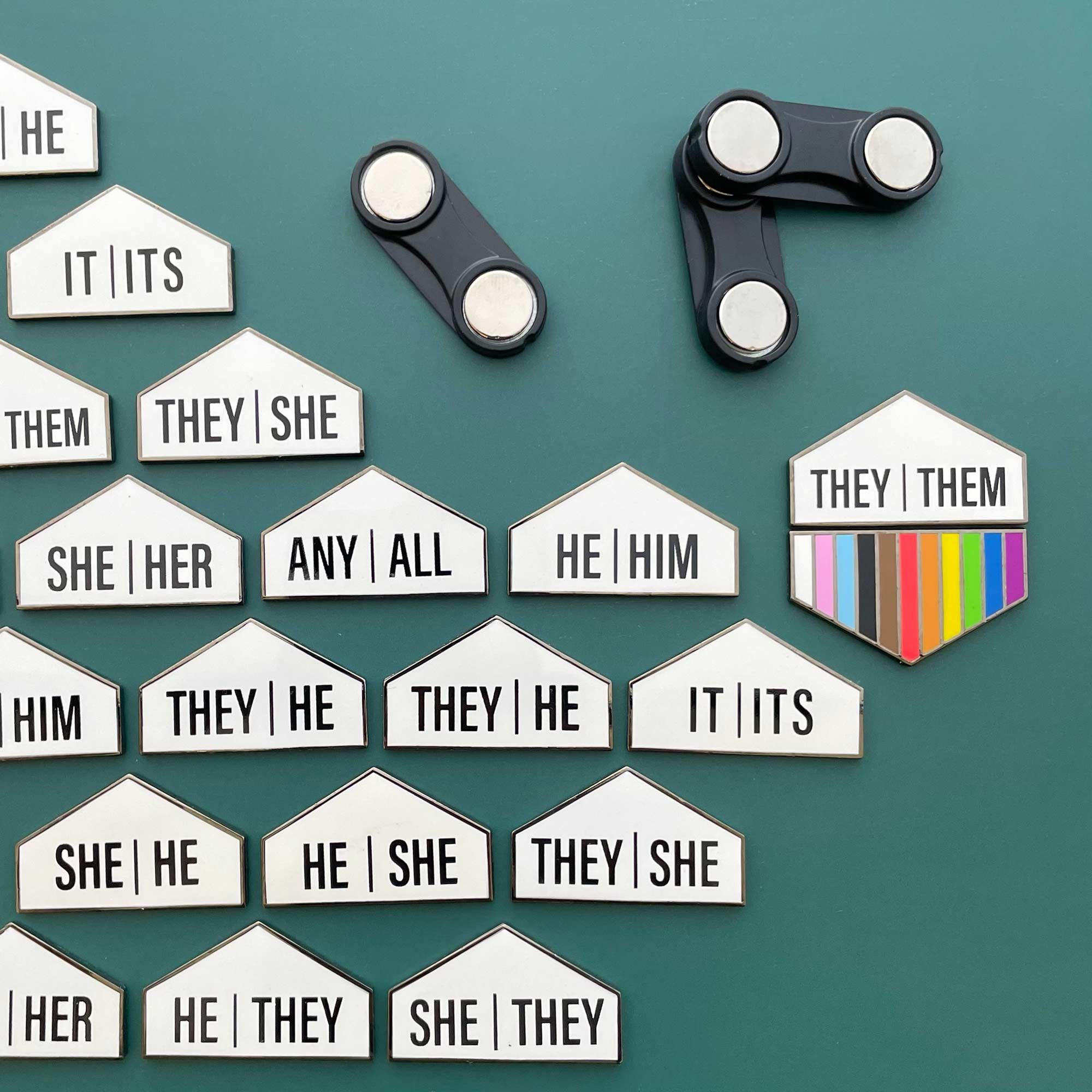 Pronoun + Flag Magnet Pin Badges (Top Pronouns Only)