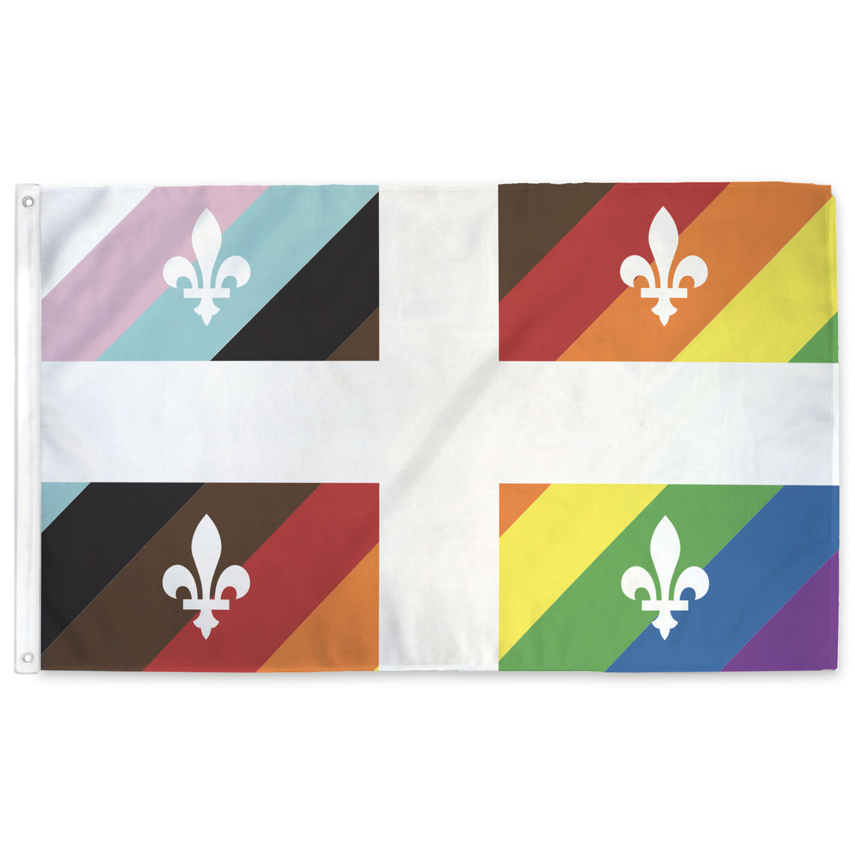 A Quebec pride flag with a white cross and four white fleur-de-lis symbols over diagonal rainbow stripes, shown flat against a white background.