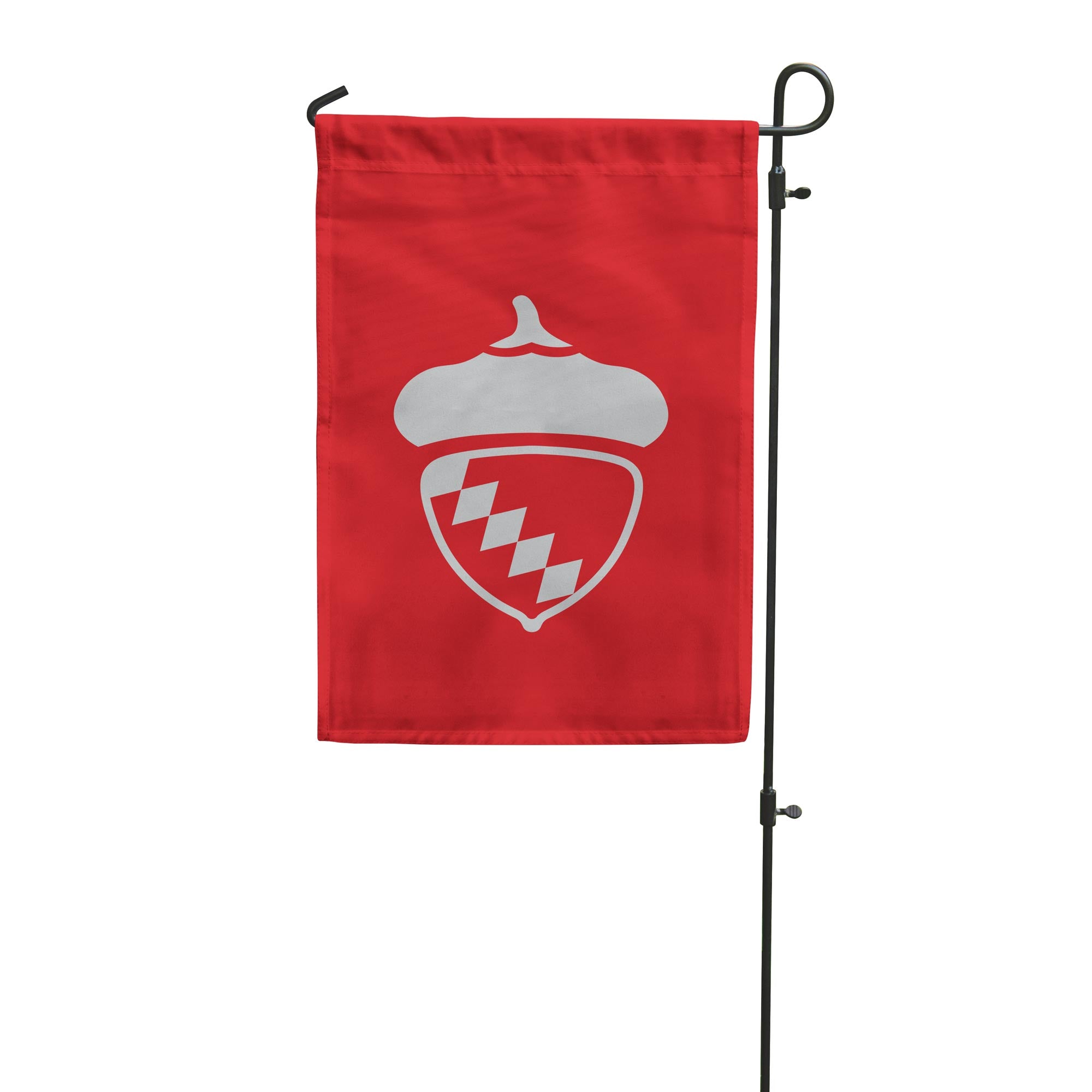 small red flag on a offset garden pole with a white acorn emblem on a white background