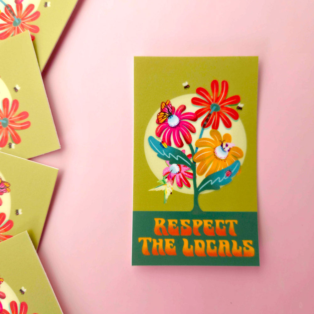 Green sticker with flowers and various pollinators that are crawling on them