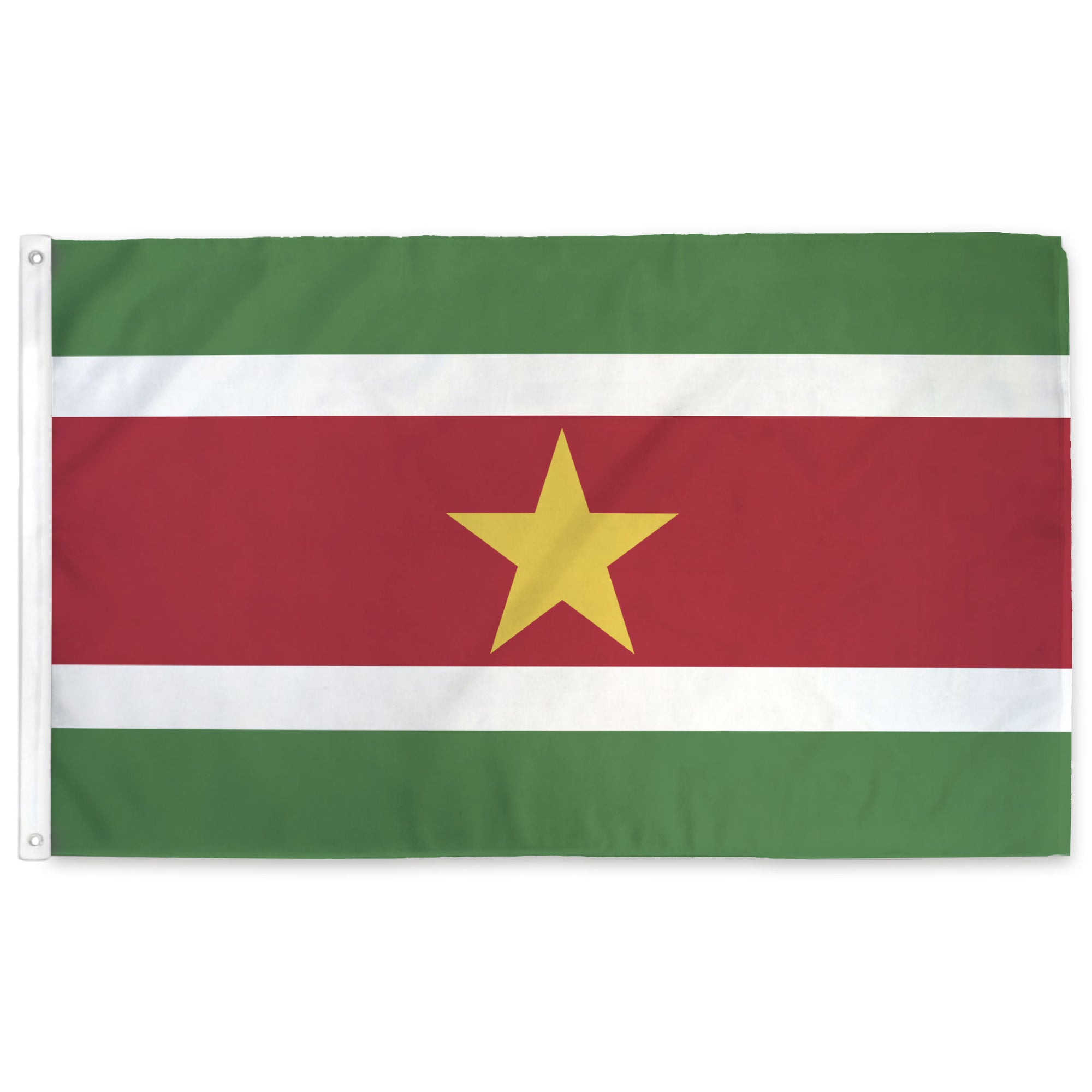Suriname flag with green, white, and red horizontal stripes and a yellow star in the center.