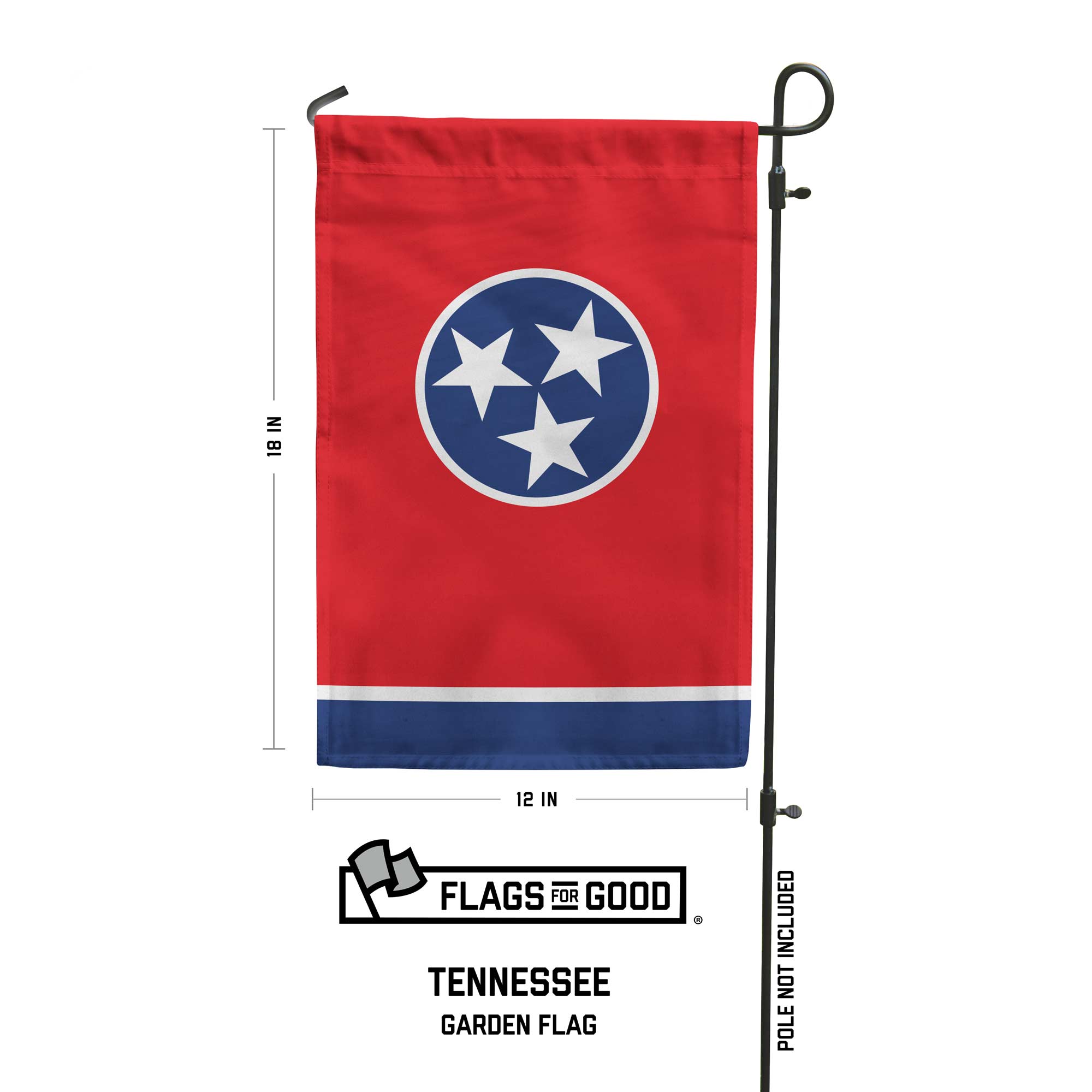 Tennessee garden flag with dimensions and 'Flags for Good' branding on a white background