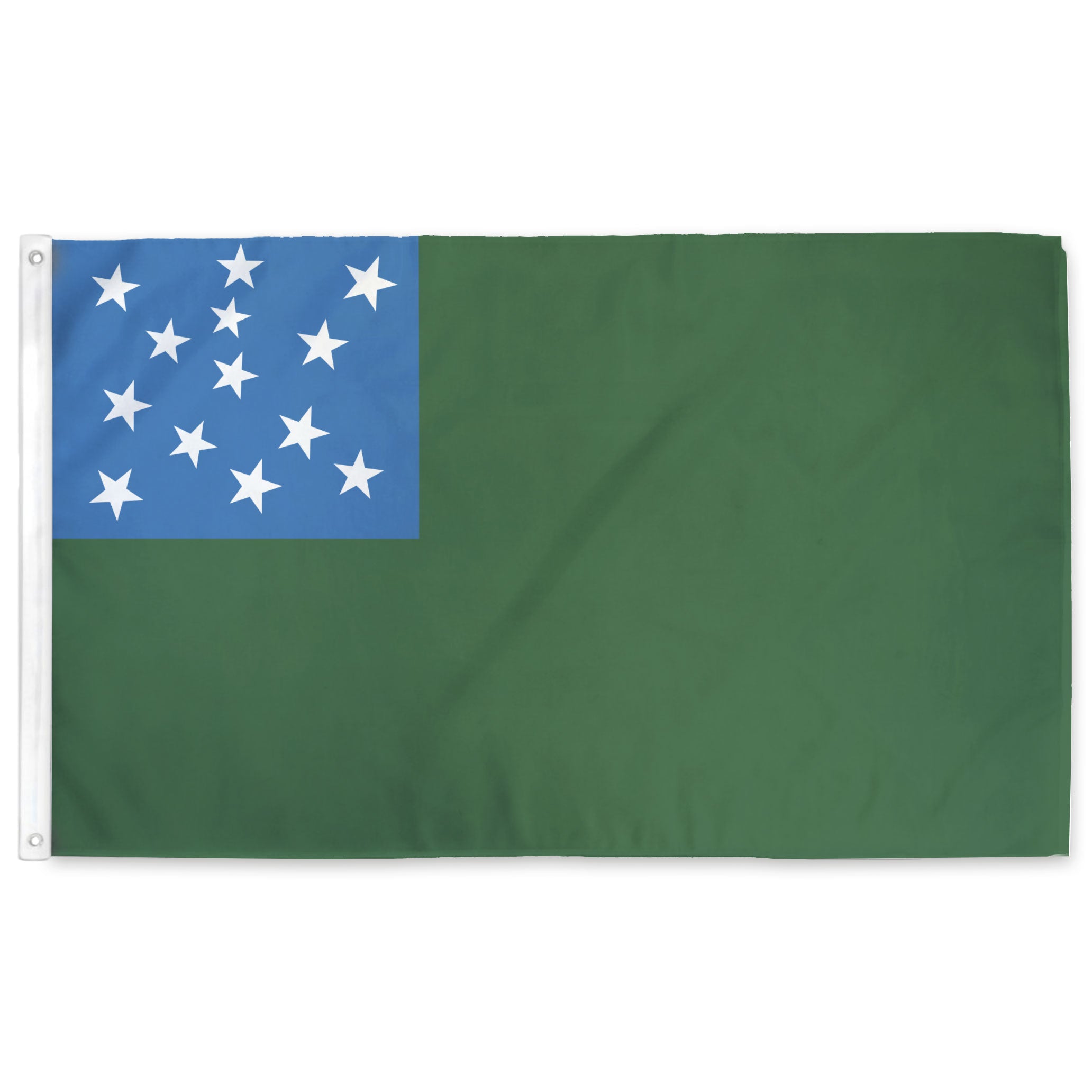 Flag with blue canton featuring white stars on a green field