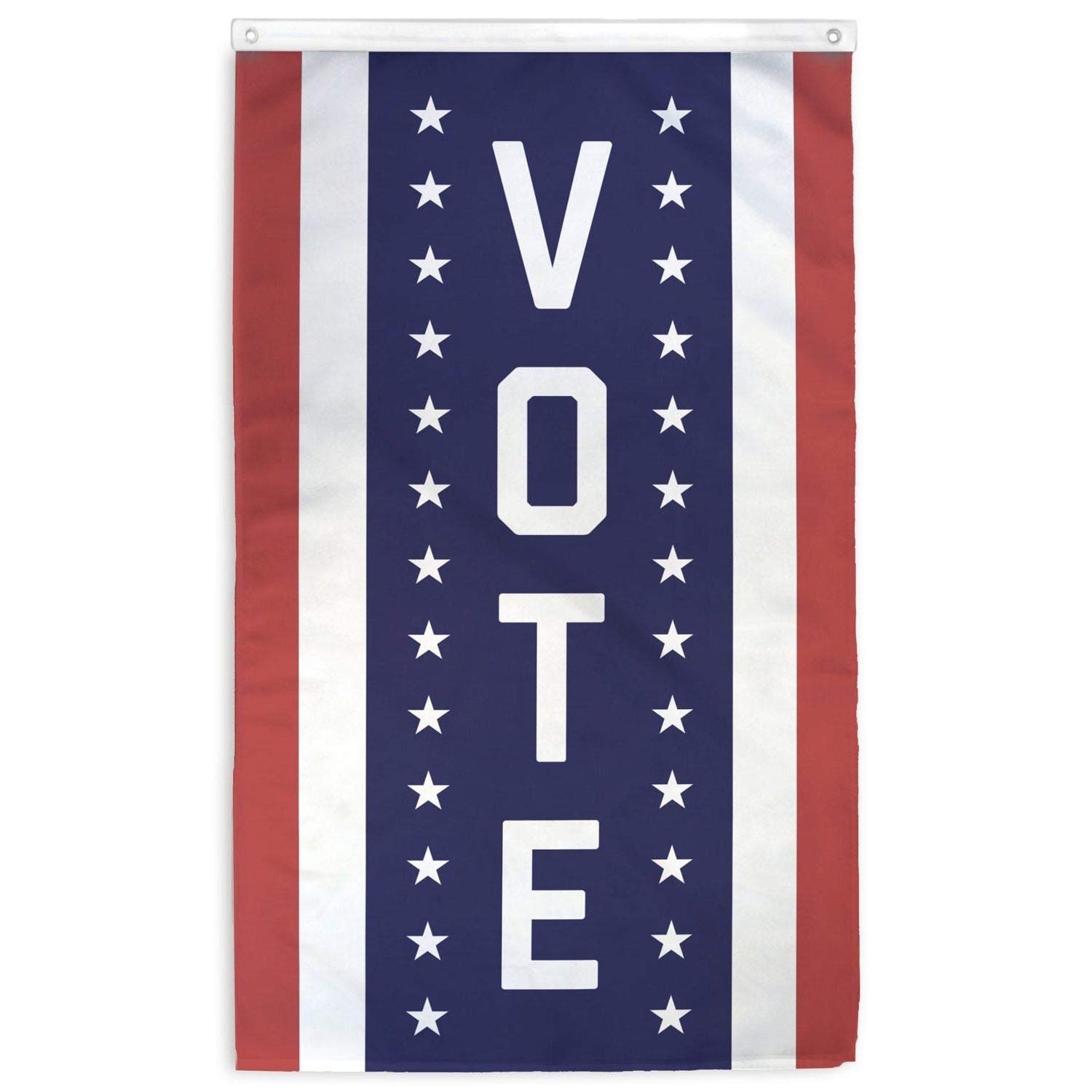 Vertical flag with red and white stripes on the sides and in the center, the word VOTE flanked with stars on blue.