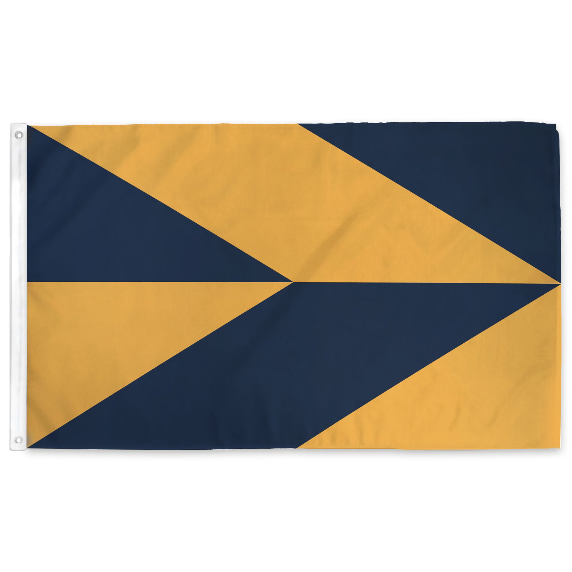 Navy and gold geometric patterned flag on a white background