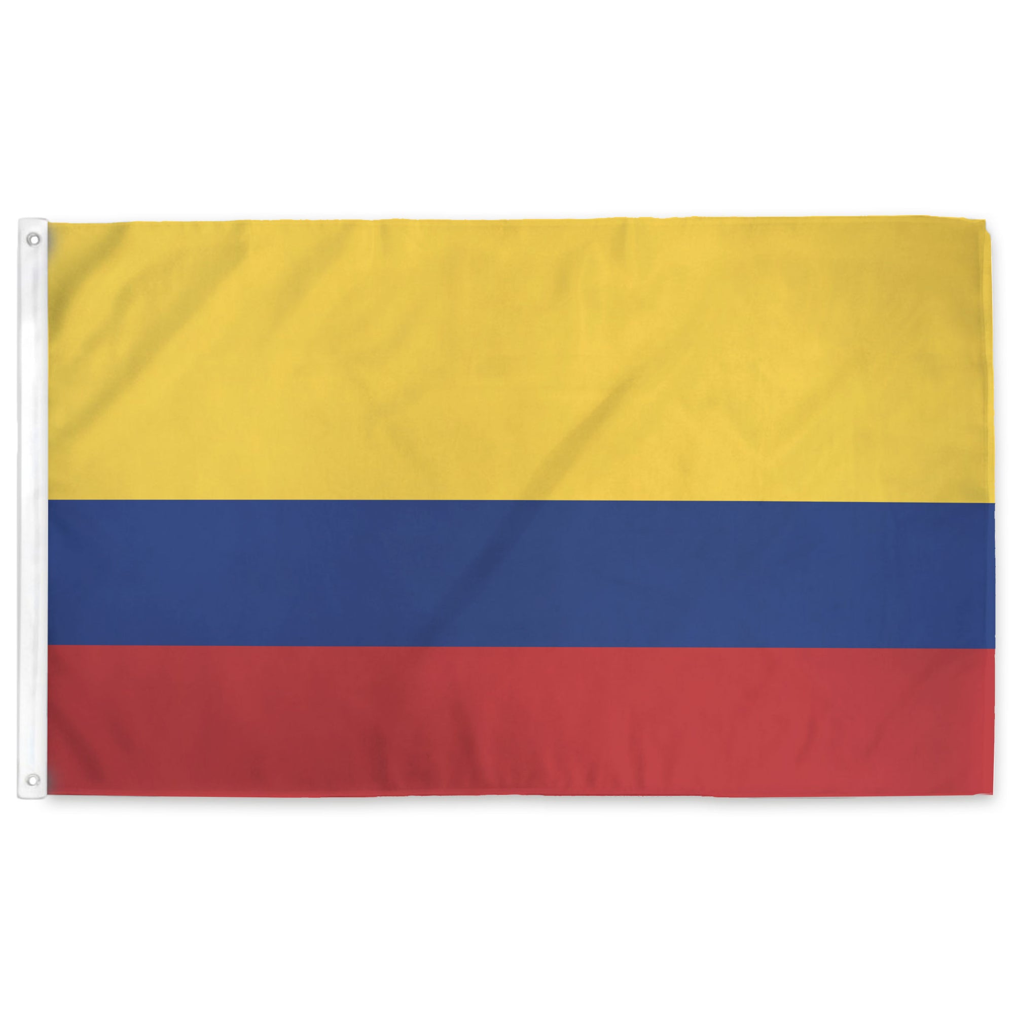 Flag with yellow, blue, and red horizontal stripes on a white background