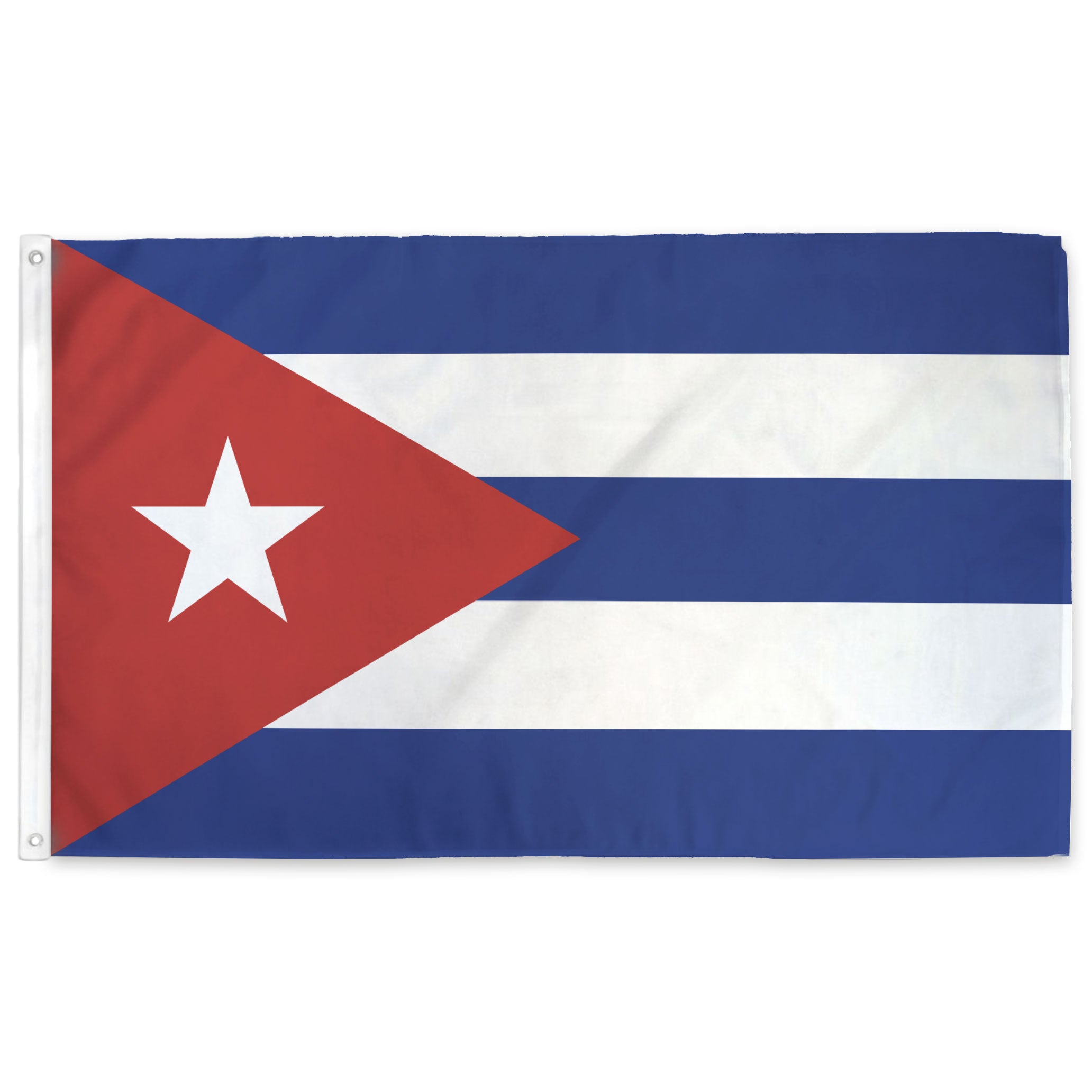 Cuban flag with a red triangle on the hoist featuring a white star on top of a a blue and white striped field. 