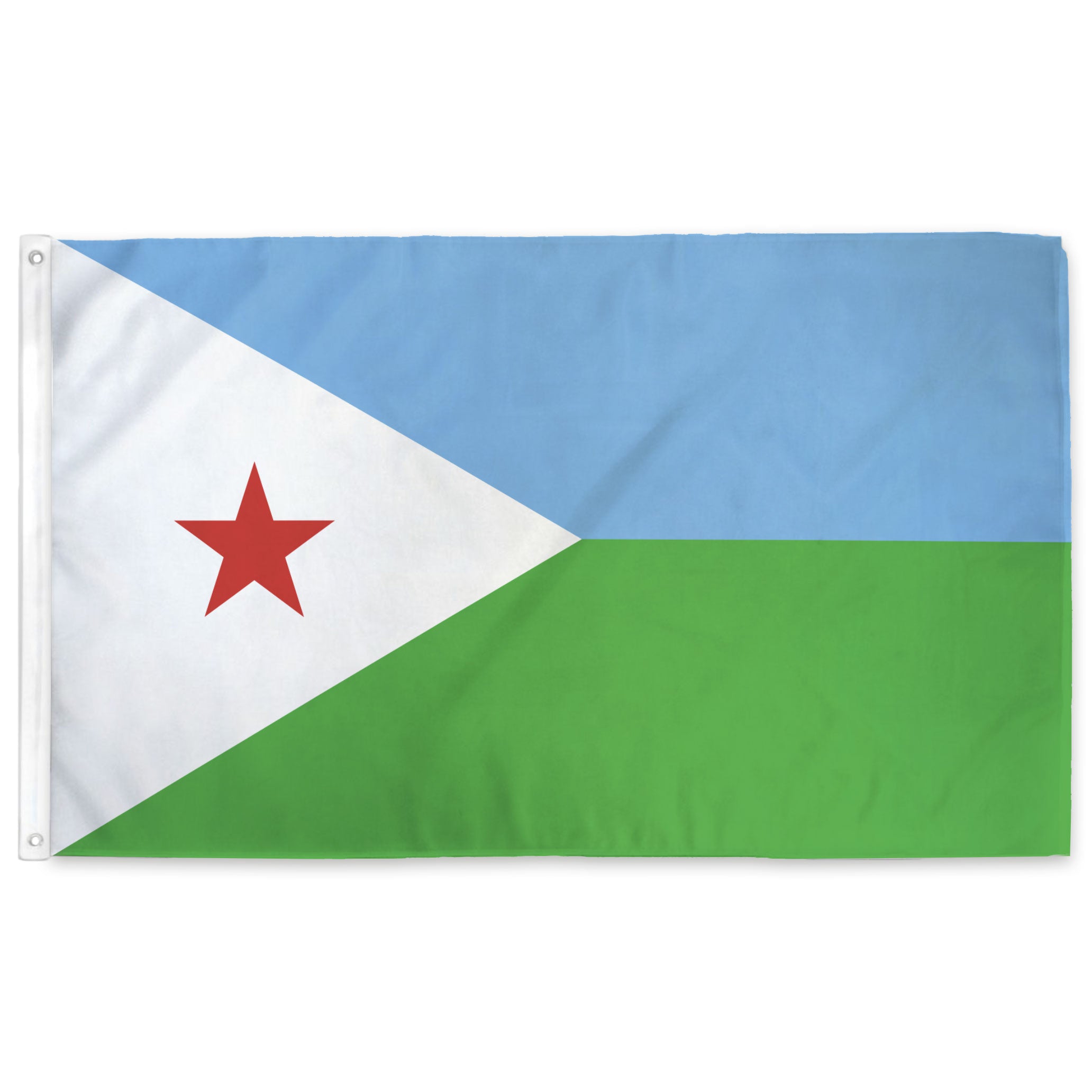 Djbouti flag with a red star on a white triangle with a green and blue horizontal bicolor background