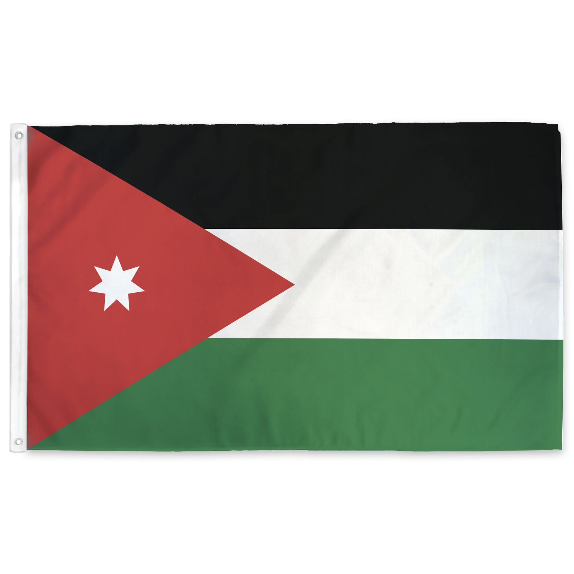 Flag of Jordan with a red triangle and white star from the hoist on top of a horizontal tricolor of black, white, and green.