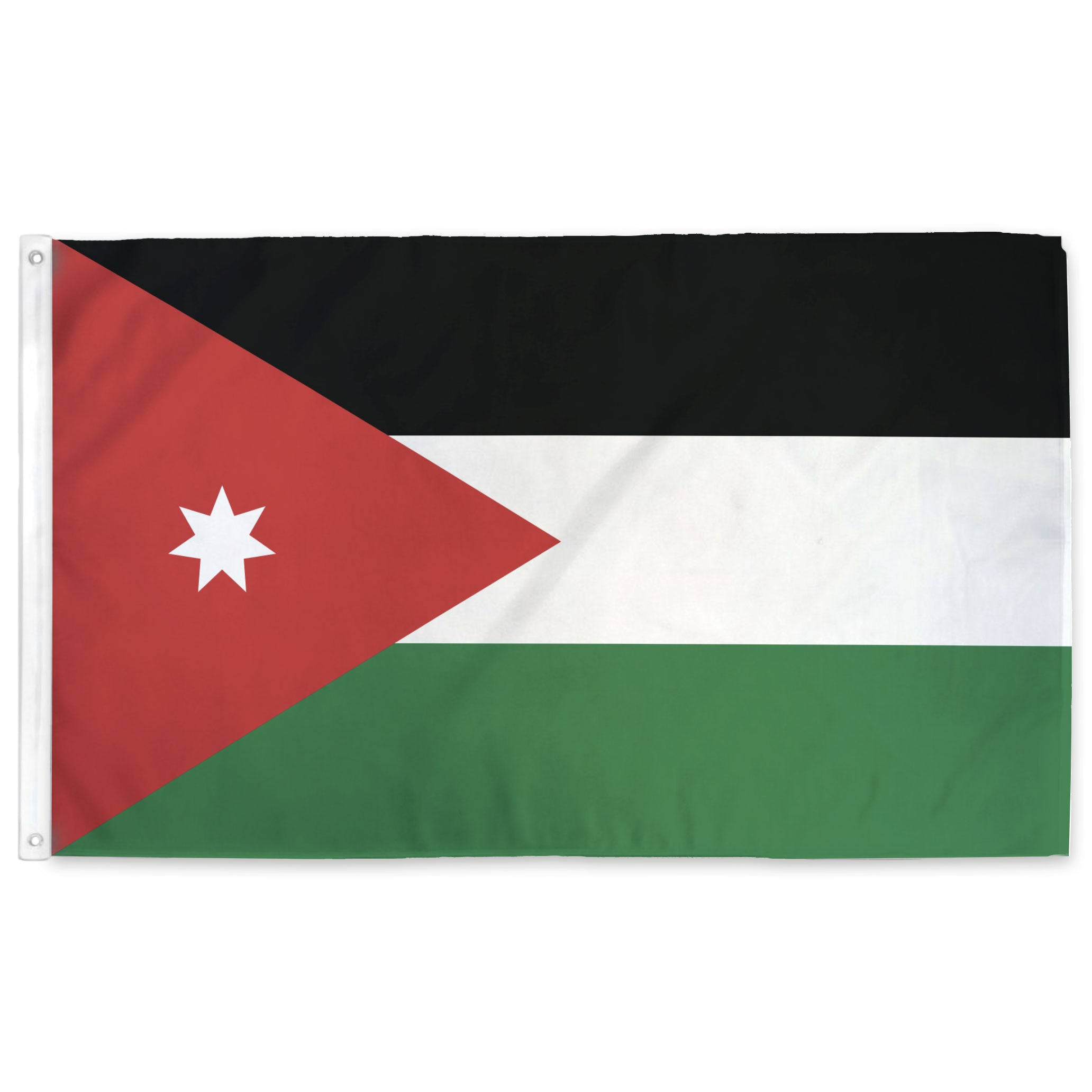 Flag of Jordan with a red triangle and white star from the hoist on top of a horizontal tricolor of black, white, and green.