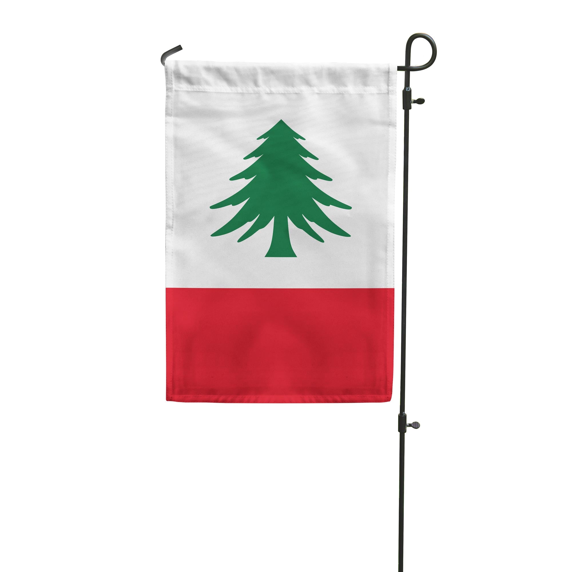 New England vertical garden flag with green tree symbol on a white field and red fly edge