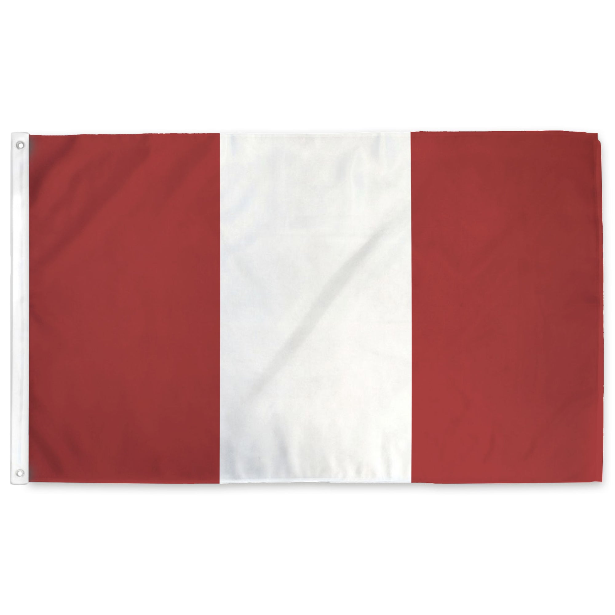 Peruvian flag with red, white, red vertical stripes.